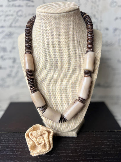 Beige Tagua Nut Necklace with Coconut Beads: Handmade Statement Jewelry for Women