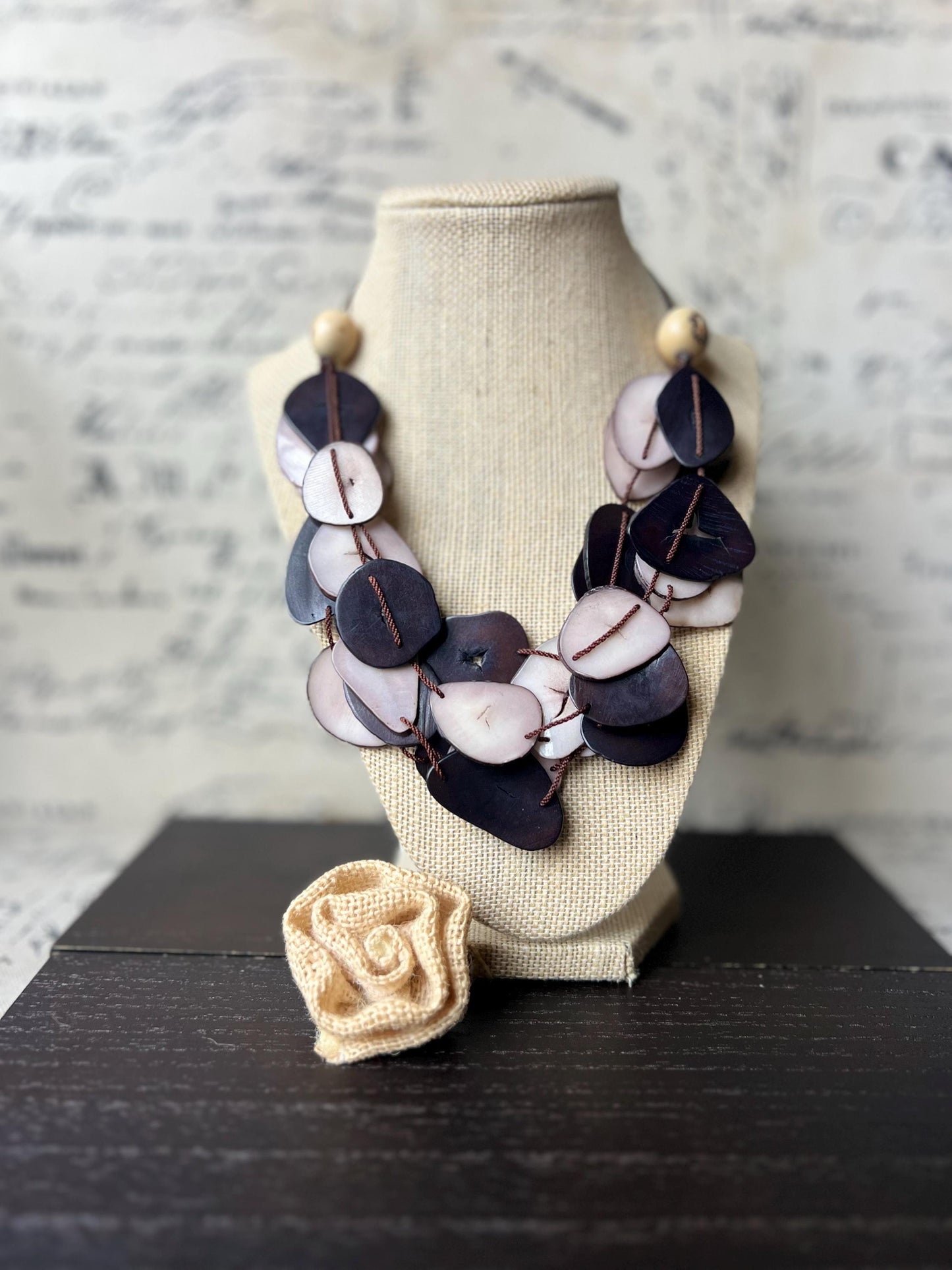 Brown and light mauve multi layer necklace Tagua jewelry Big bold necklaces Adjustable cord Triple strand statement necklace