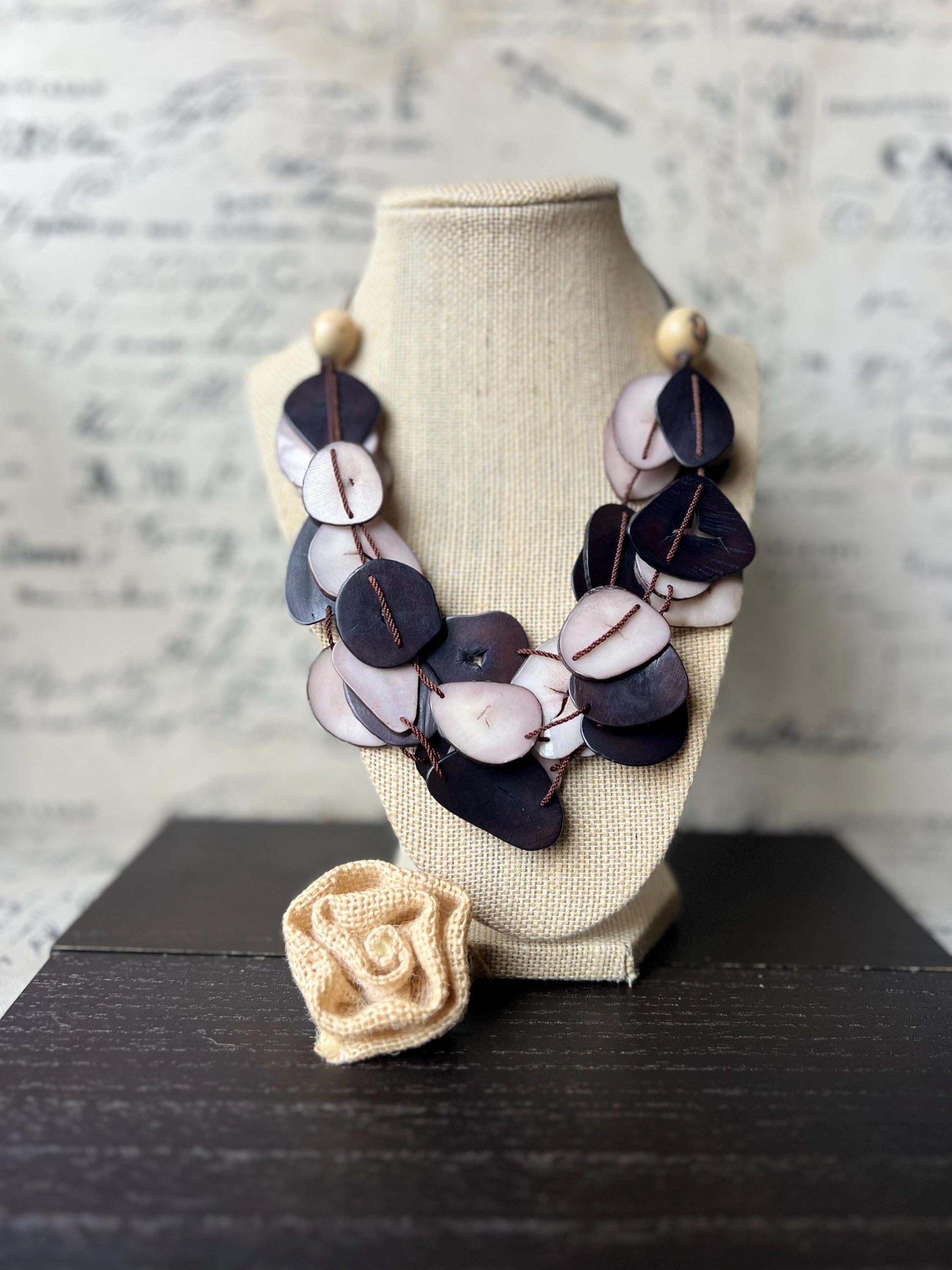 Brown and light mauve multi layer necklace Tagua jewelry Big bold necklaces Adjustable cord Triple strand statement necklace