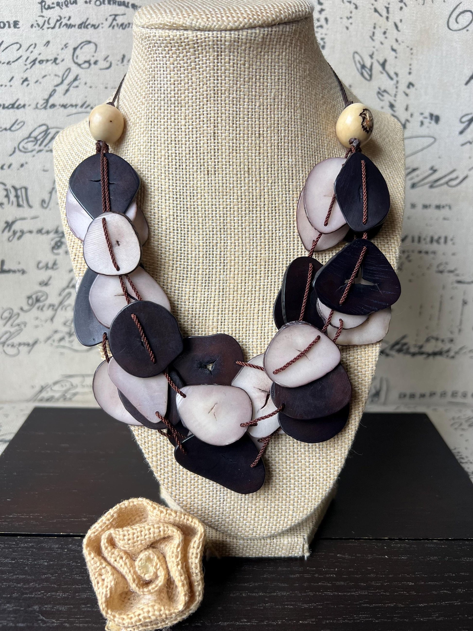 Brown and light mauve multi layer necklace Tagua jewelry Big bold necklaces Adjustable cord Triple strand statement necklace