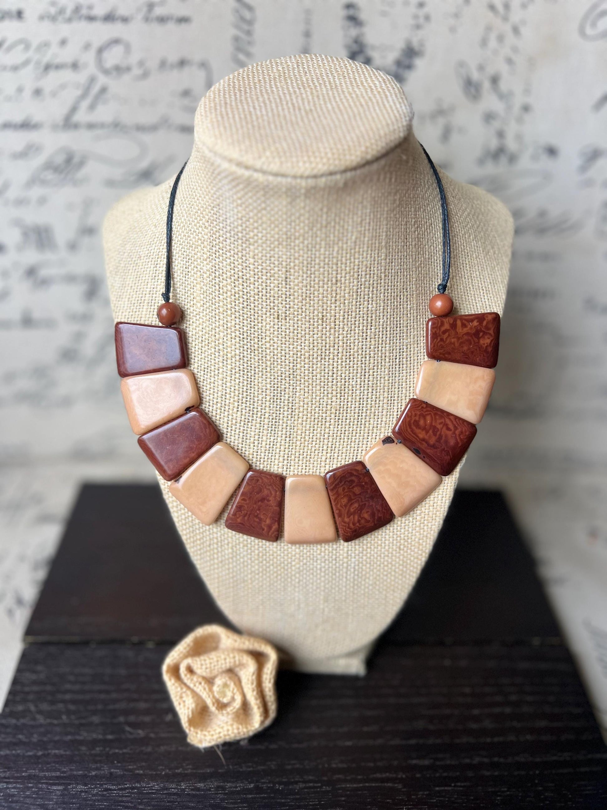 Beige and brown tagua necklace Adjustable cord Statement bib collar Artisan handmade Christmas gifts