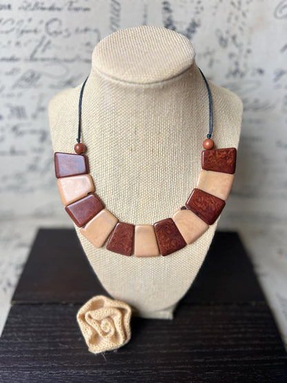 Beige and brown tagua necklace Adjustable cord Statement bib collar Artisan handmade Christmas gifts