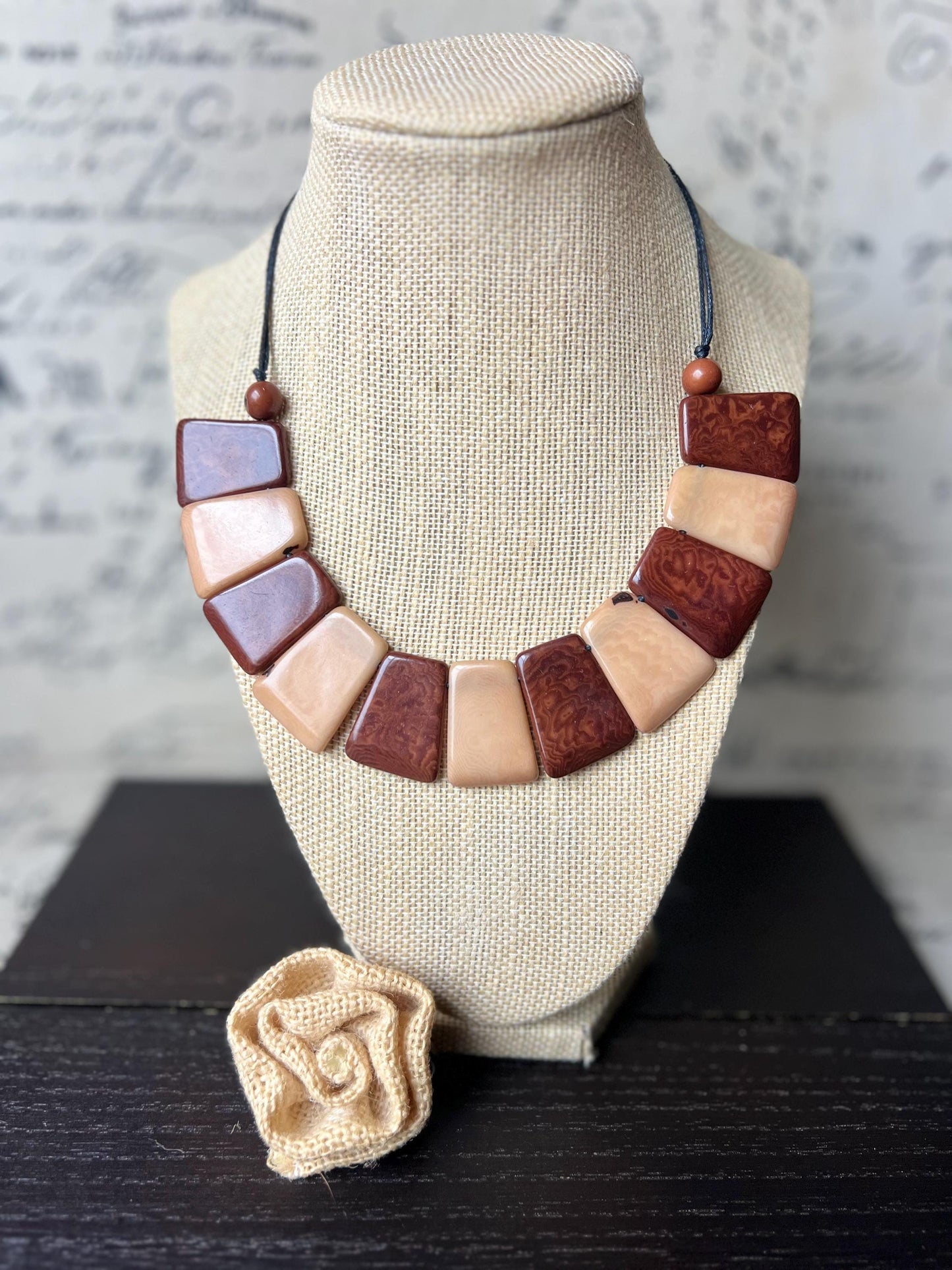 Beige and brown tagua necklace Adjustable cord Statement bib collar Artisan handmade Christmas gifts