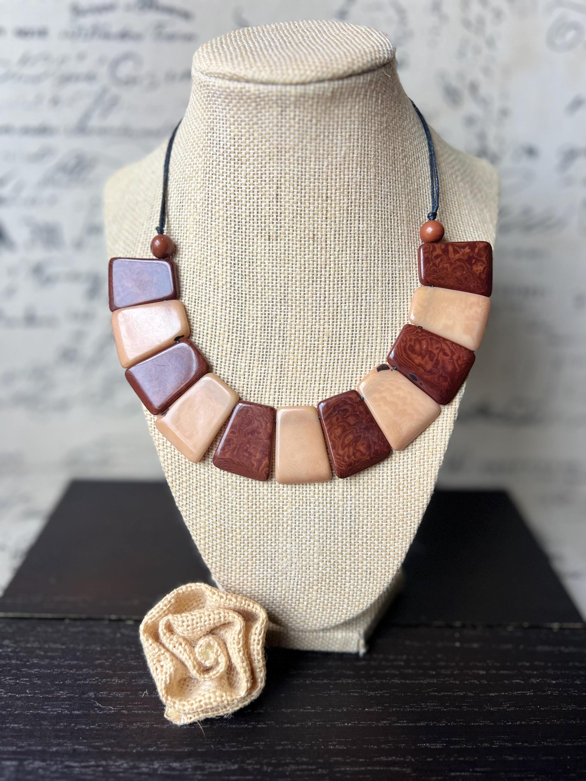 Beige and brown tagua necklace Adjustable cord Statement bib collar Artisan handmade Christmas gifts