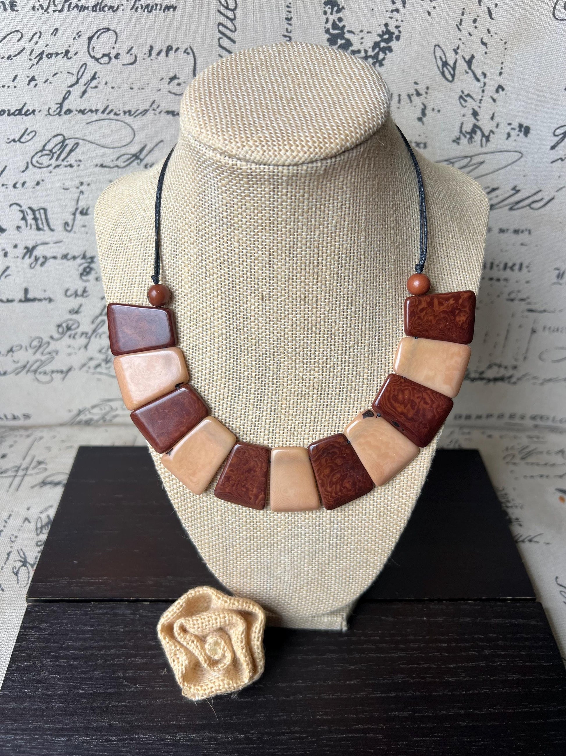Beige and brown tagua necklace Adjustable cord Statement bib collar Artisan handmade Christmas gifts