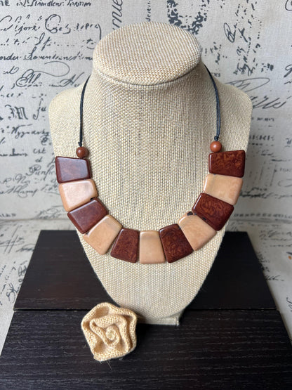 Beige and brown tagua necklace Adjustable cord Statement bib collar Artisan handmade Christmas gifts