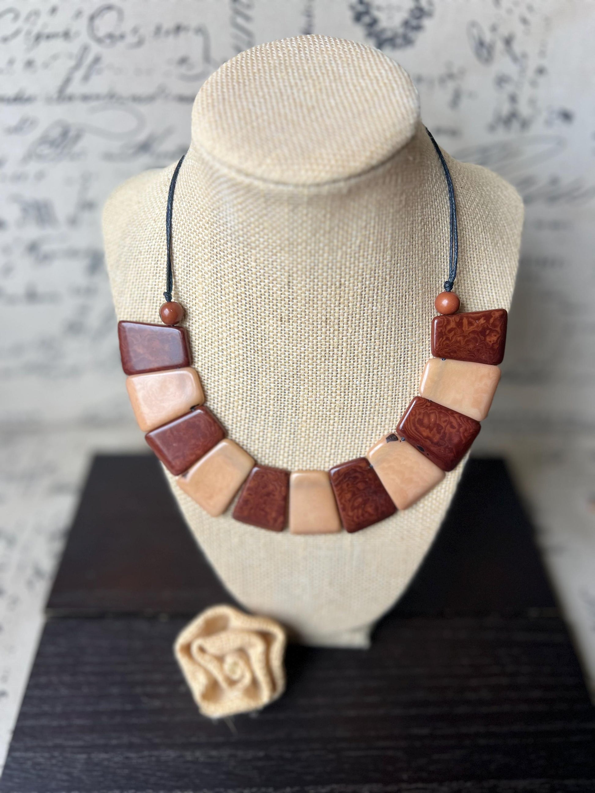 Beige and brown tagua necklace Adjustable cord Statement bib collar Artisan handmade Christmas gifts