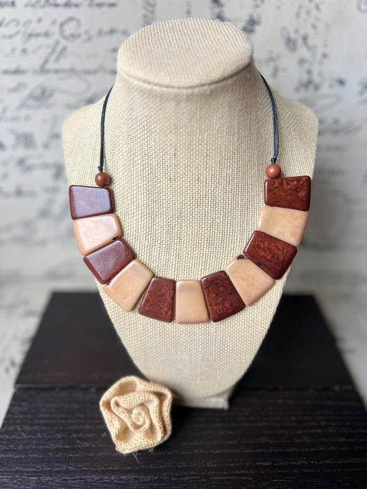 Beige and brown tagua necklace Adjustable cord Statement bib collar Artisan handmade Christmas gifts