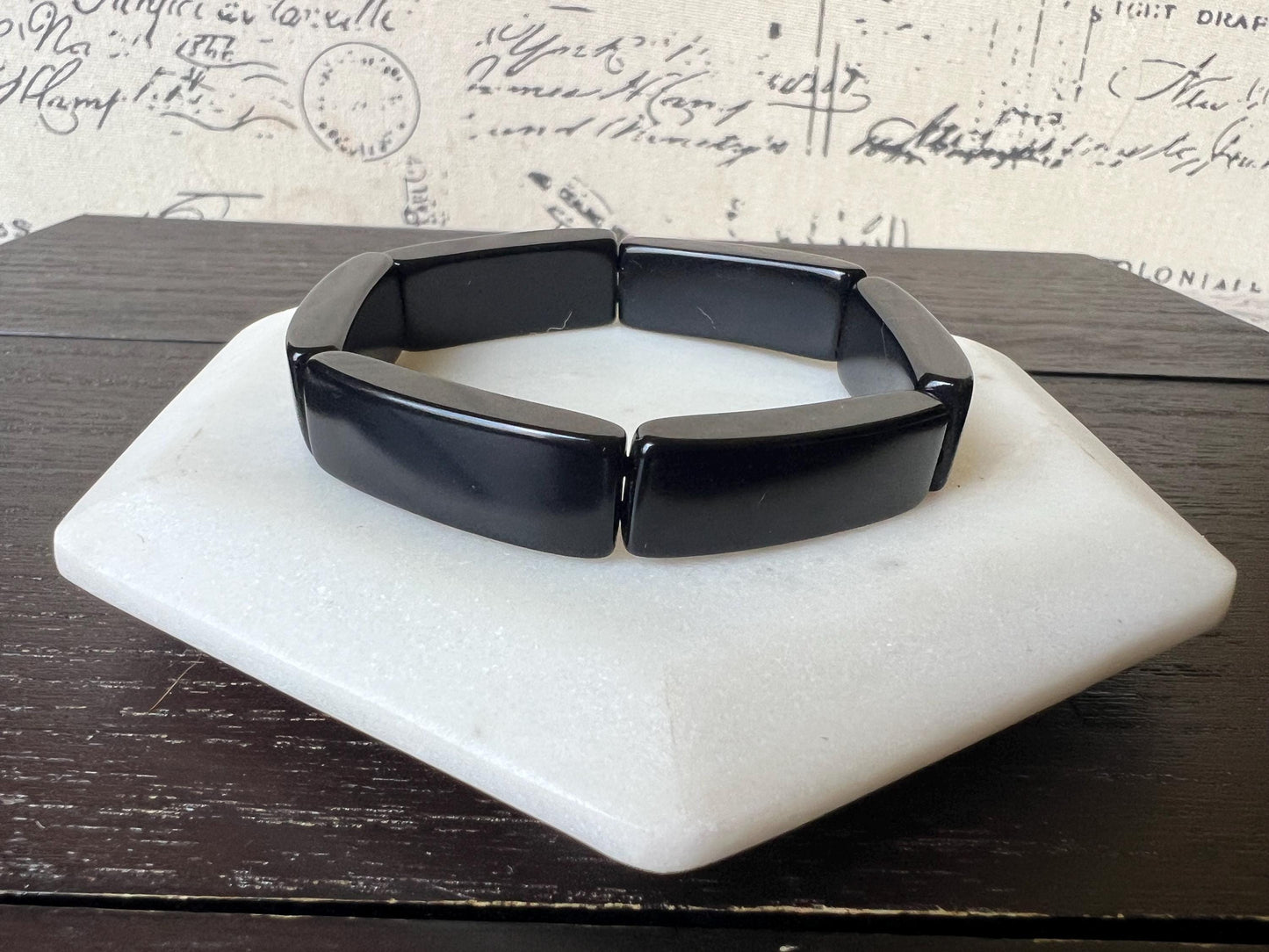 Black handmade bracelet Elastic stretch bangle Tagua nut jewelry Adjustable bracelet Geometric bead Christmas gifts