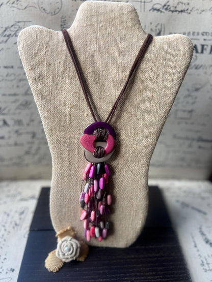 Tagua Nut Pendant Necklace: Pink Gray Macrame Fringe, Adjustable cord, Lightweight jewelry