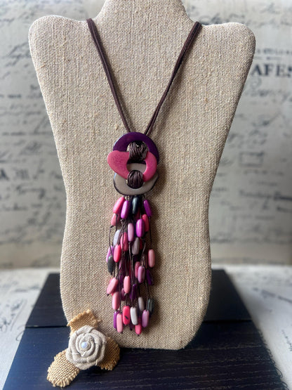 Tagua Nut Pendant Necklace: Pink Gray Macrame Fringe, Adjustable cord, Lightweight jewelry