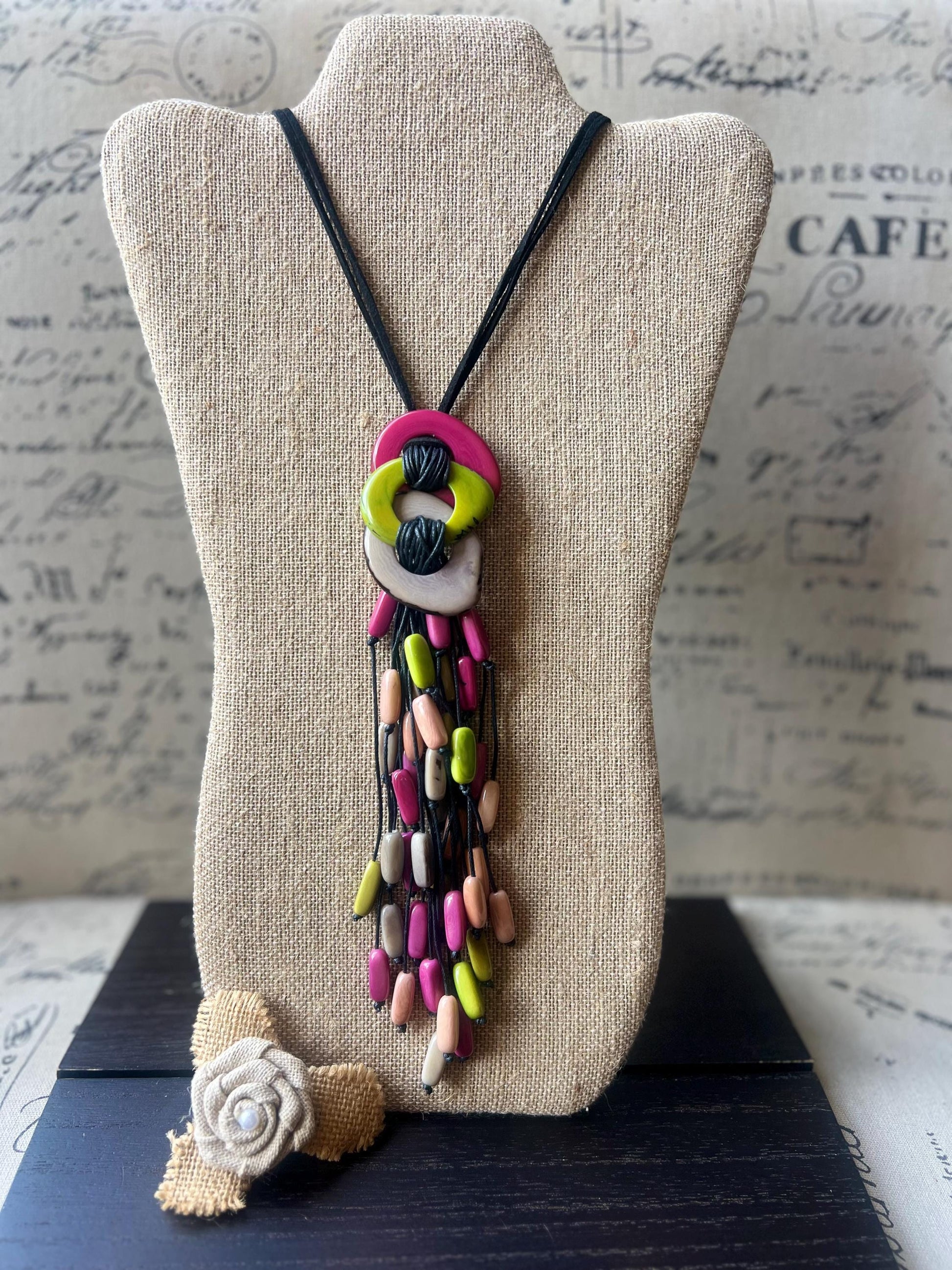 Tagua Nut Pendant Necklace: Pink Gray Macrame Fringe, Adjustable cord, Lightweight jewelry