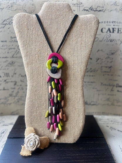 Tagua Nut Pendant Necklace: Pink Gray Macrame Fringe, Adjustable cord, Lightweight jewelry