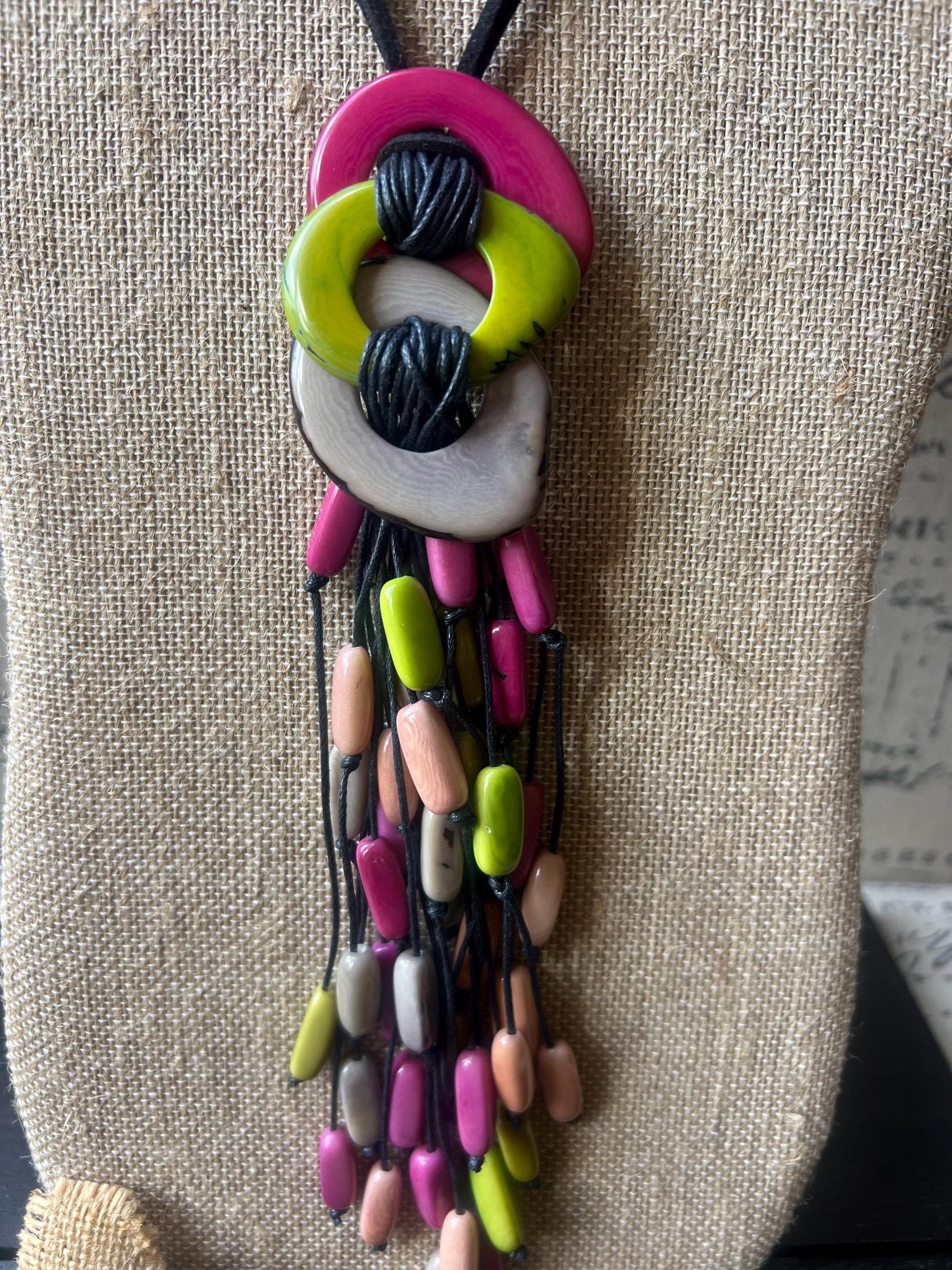 Tagua Nut Pendant Necklace: Pink Gray Macrame Fringe, Adjustable cord, Lightweight jewelry