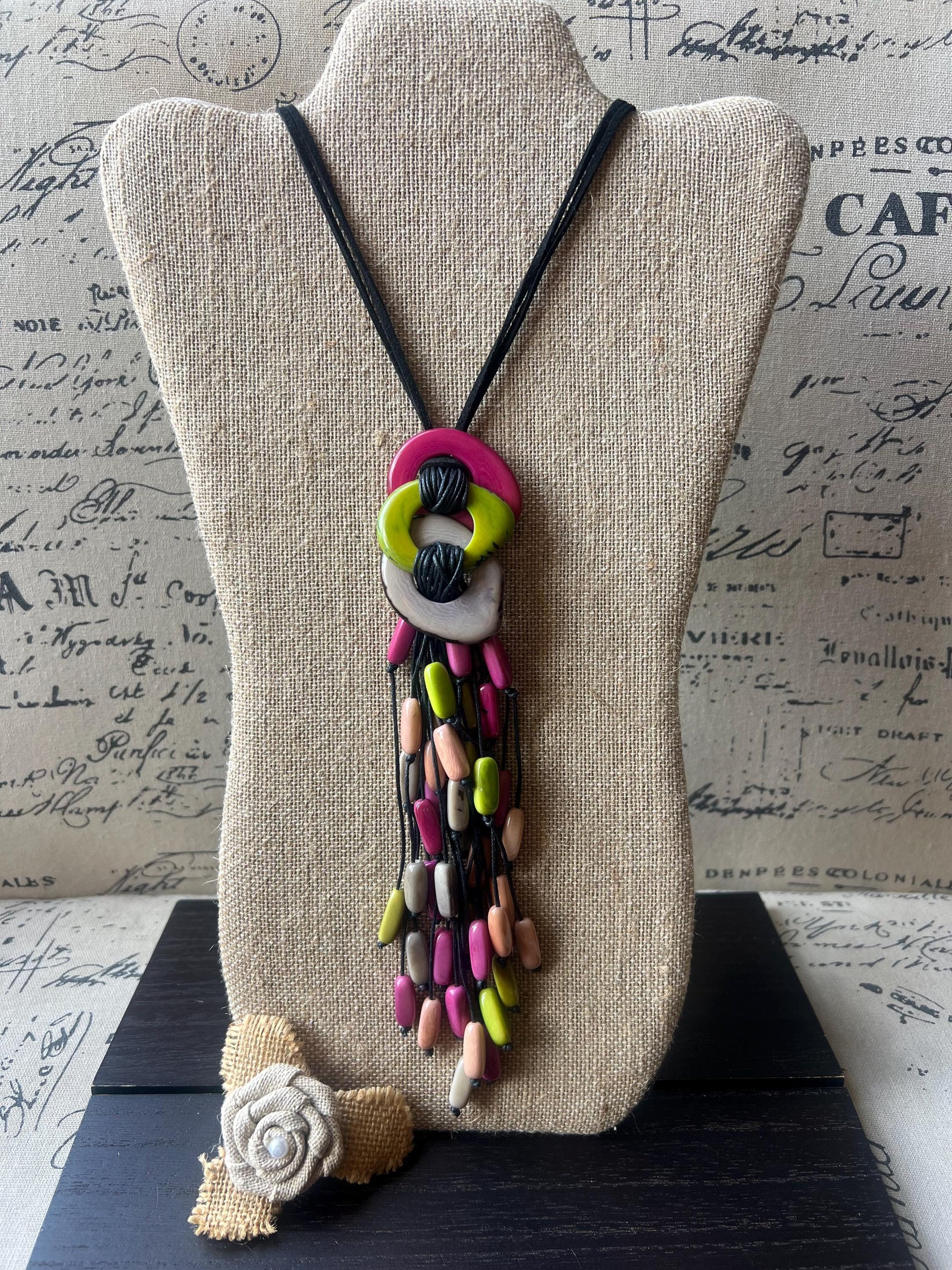 Tagua Nut Pendant Necklace: Pink Gray Macrame Fringe, Adjustable cord, Lightweight jewelry