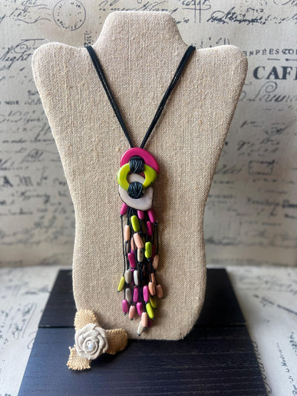 Tagua Nut Pendant Necklace: Pink Gray Macrame Fringe, Adjustable cord, Lightweight jewelry