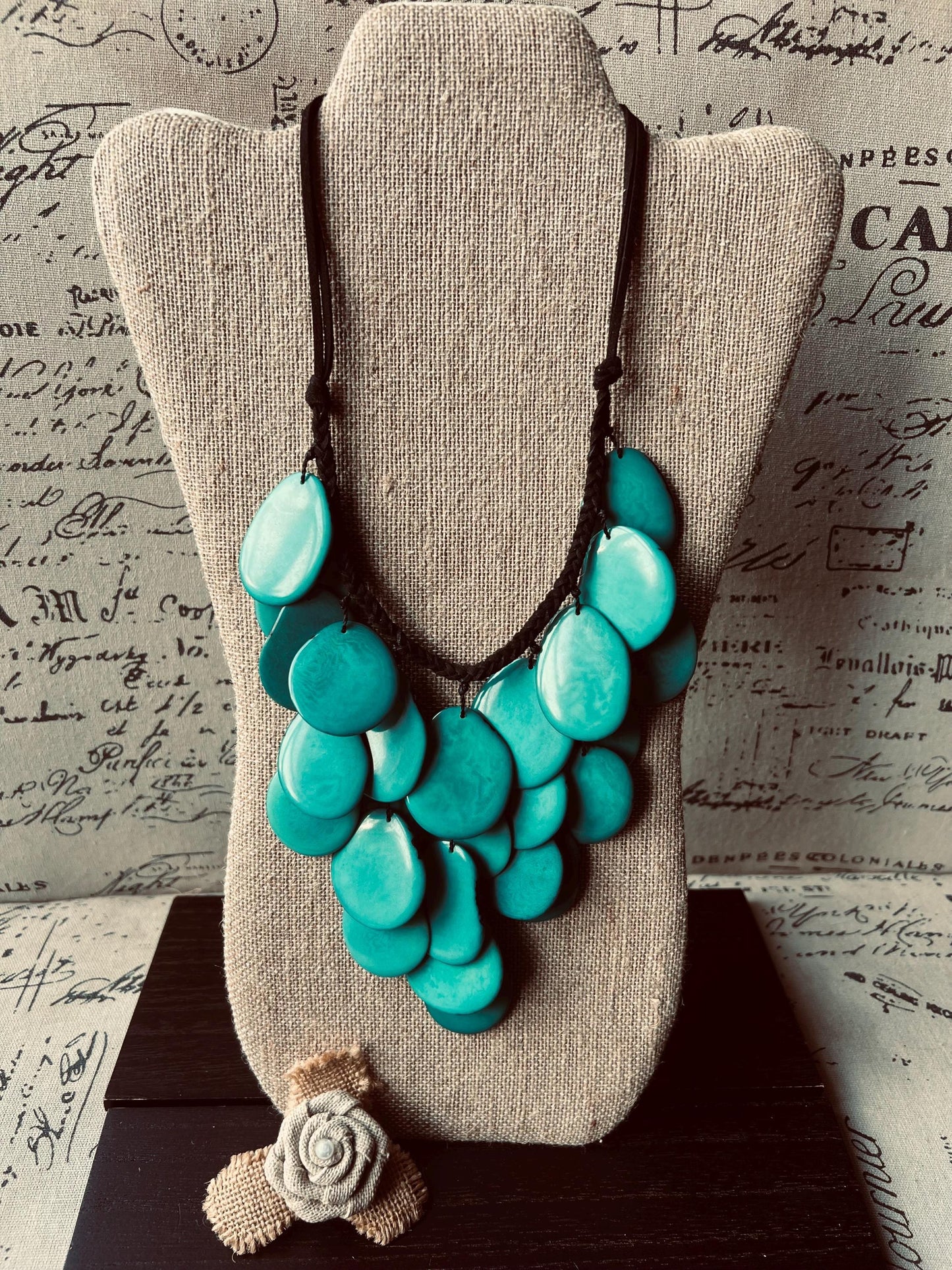 Turquoise green waterfall necklace Tagua jewelry Big bold necklaces Statement beaded bib Wearable art