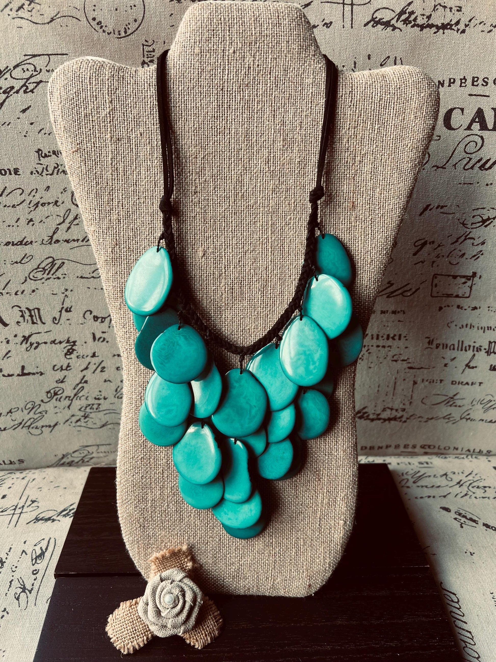 Turquoise green waterfall necklace Tagua jewelry Big bold necklaces Statement beaded bib Wearable art