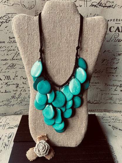 Turquoise green waterfall necklace Tagua jewelry Big bold necklaces Statement beaded bib Wearable art