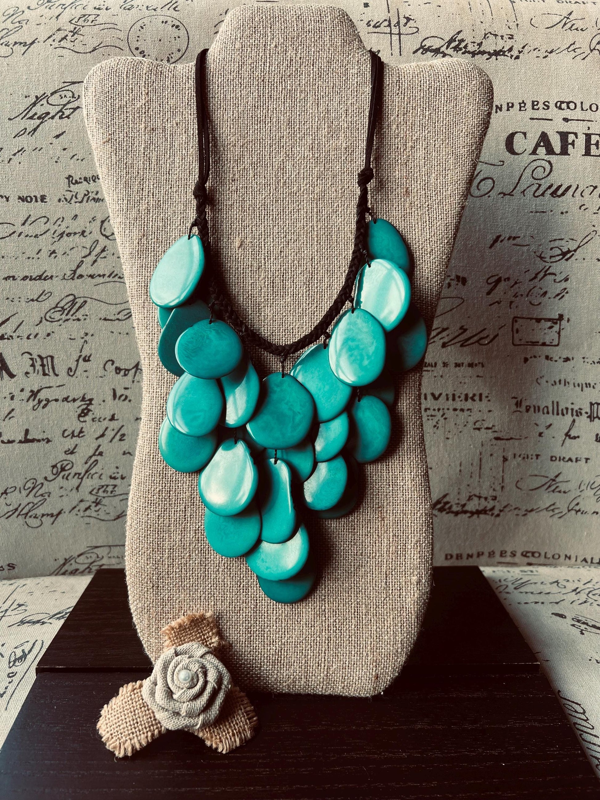 Turquoise green waterfall necklace Tagua jewelry Big bold necklaces Statement beaded bib Wearable art