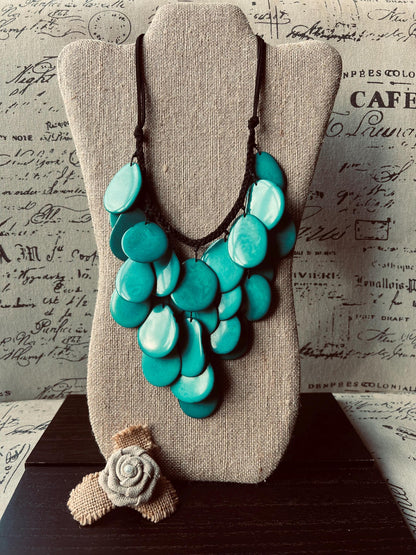 Turquoise green waterfall necklace Tagua jewelry Big bold necklaces Statement beaded bib Wearable art