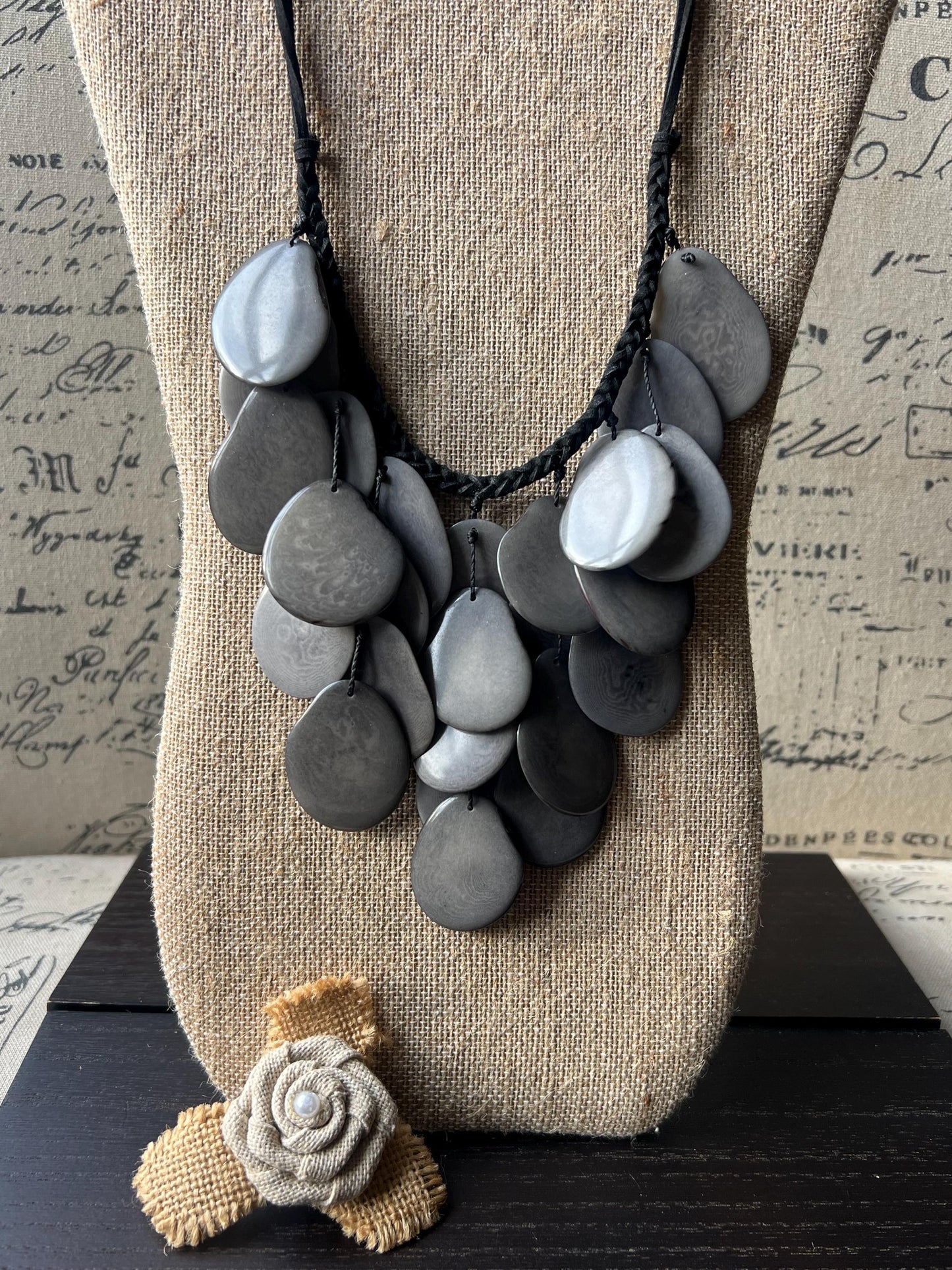 Gray waterfall necklace Tagua jewelry Big bold necklaces Statement beaded bib Wearable art