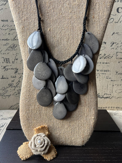 Gray waterfall necklace Tagua jewelry Big bold necklaces Statement beaded bib Wearable art