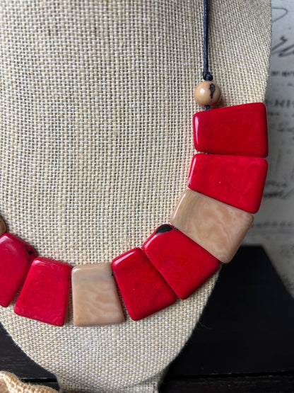 Beige and brown tagua necklace Adjustable cord Statement bib collar Artisan handmade Christmas gifts