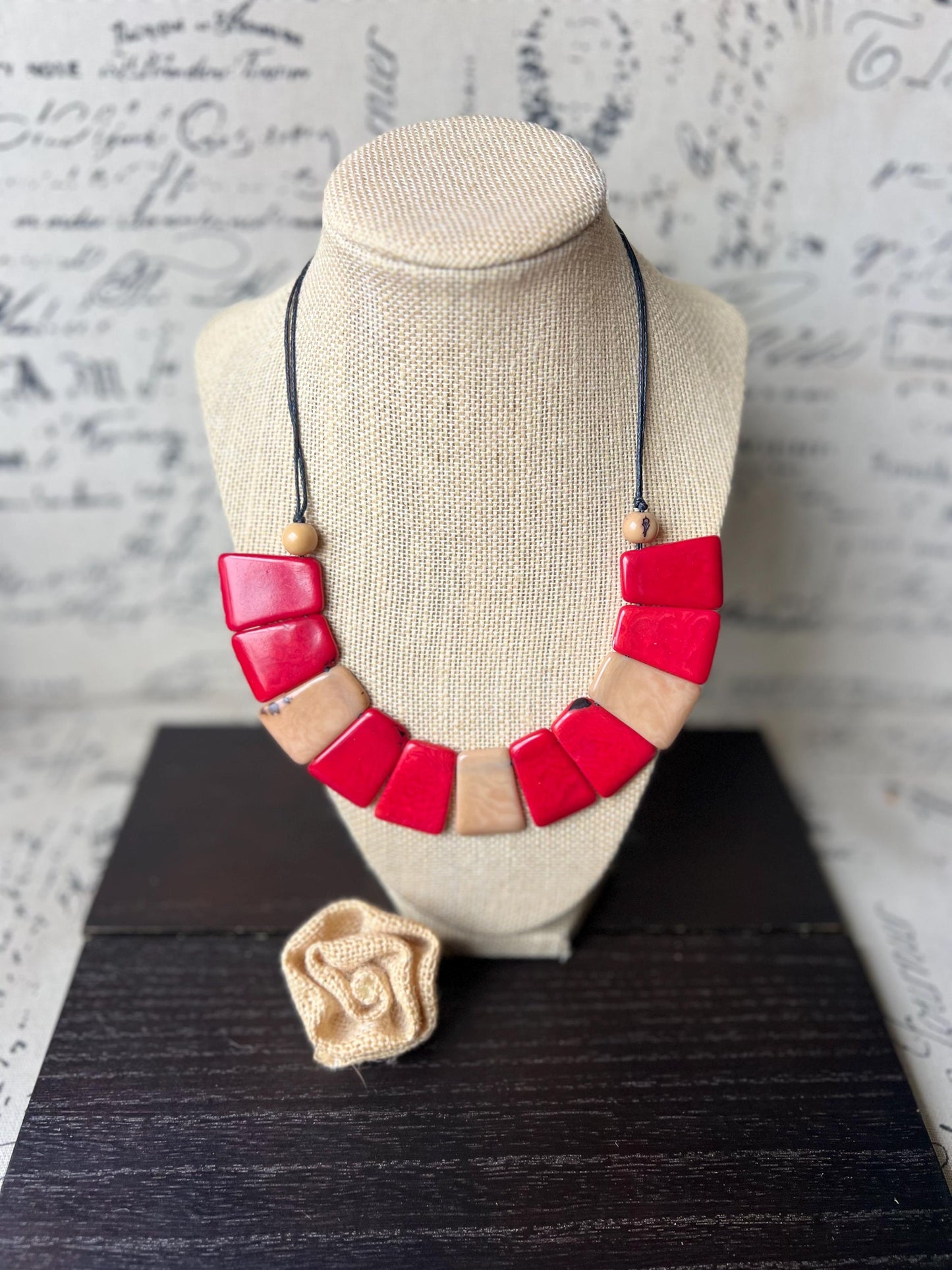 Beige and brown tagua necklace Adjustable cord Statement bib collar Artisan handmade Christmas gifts