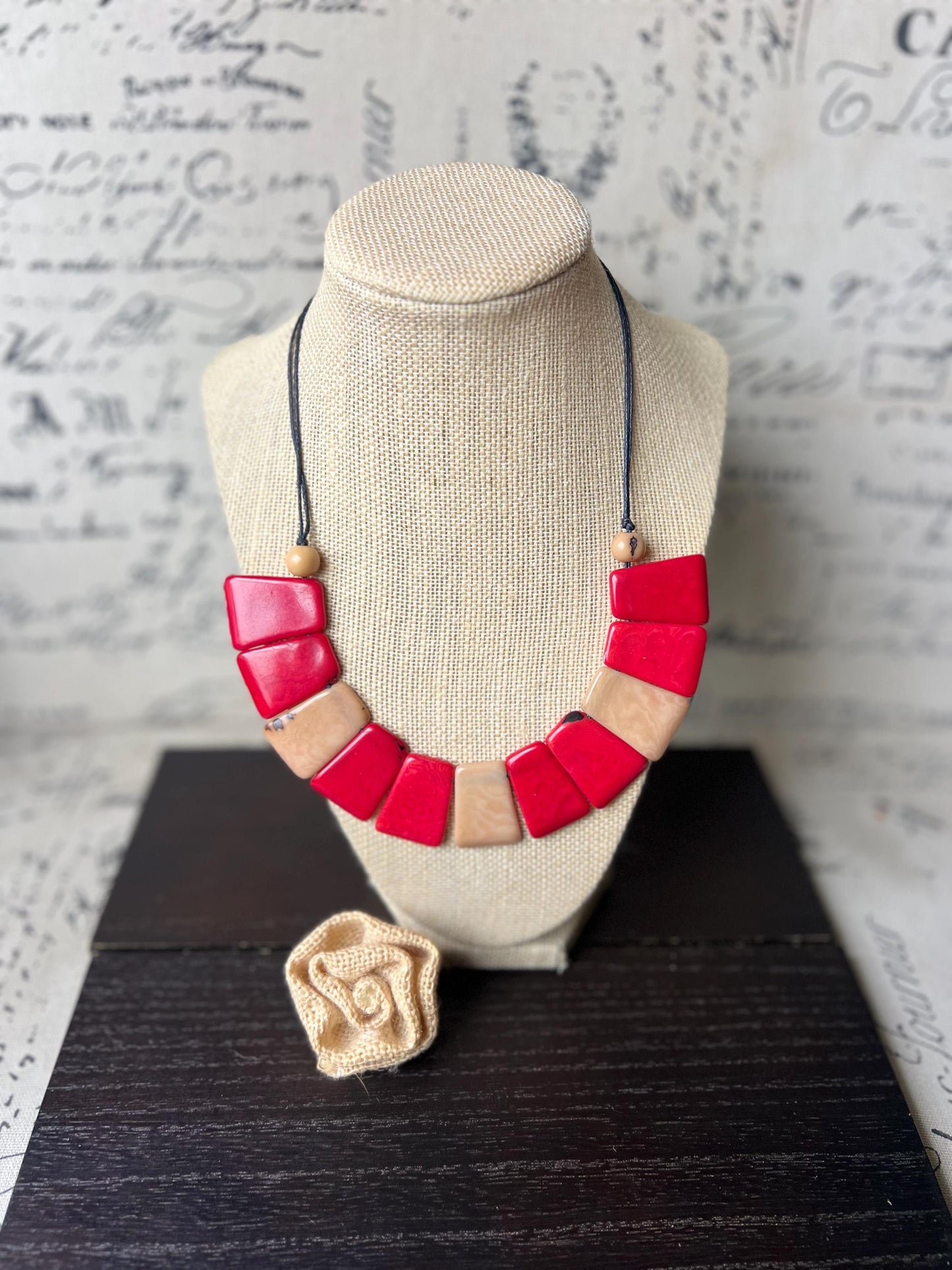 Beige and brown tagua necklace Adjustable cord Statement bib collar Artisan handmade Christmas gifts