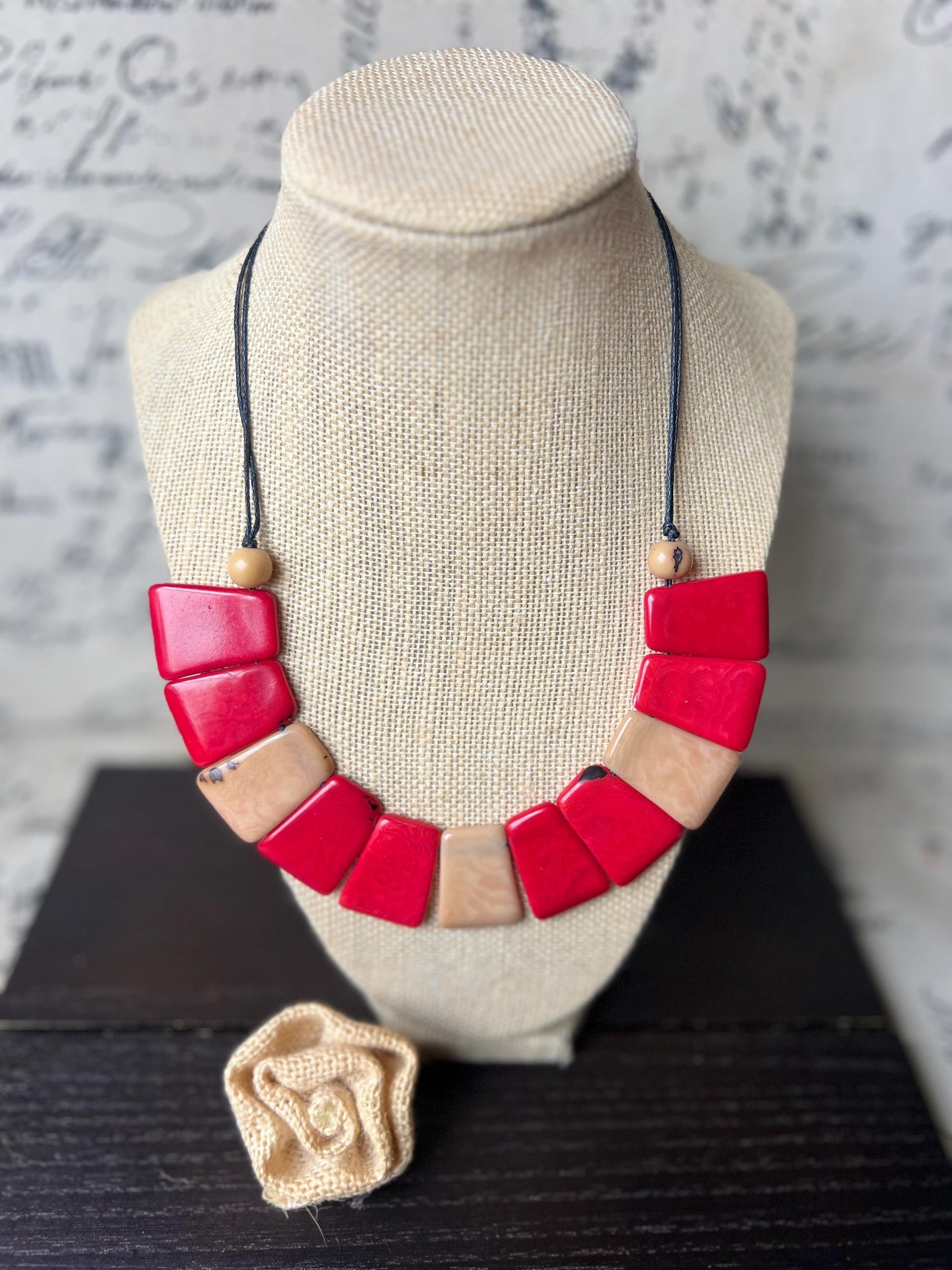 Beige and brown tagua necklace Adjustable cord Statement bib collar Artisan handmade Christmas gifts