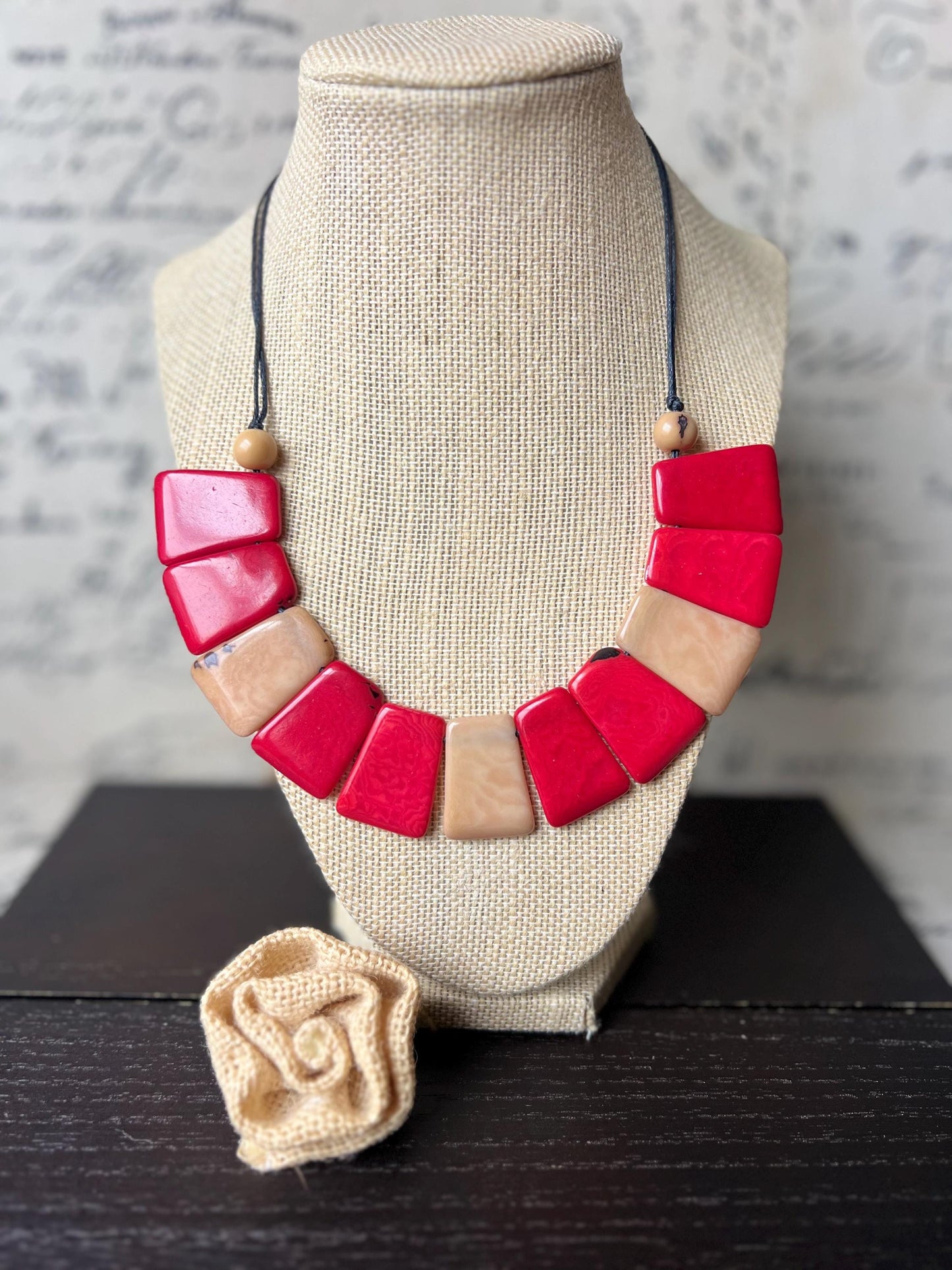 Beige and brown tagua necklace Adjustable cord Statement bib collar Artisan handmade Christmas gifts