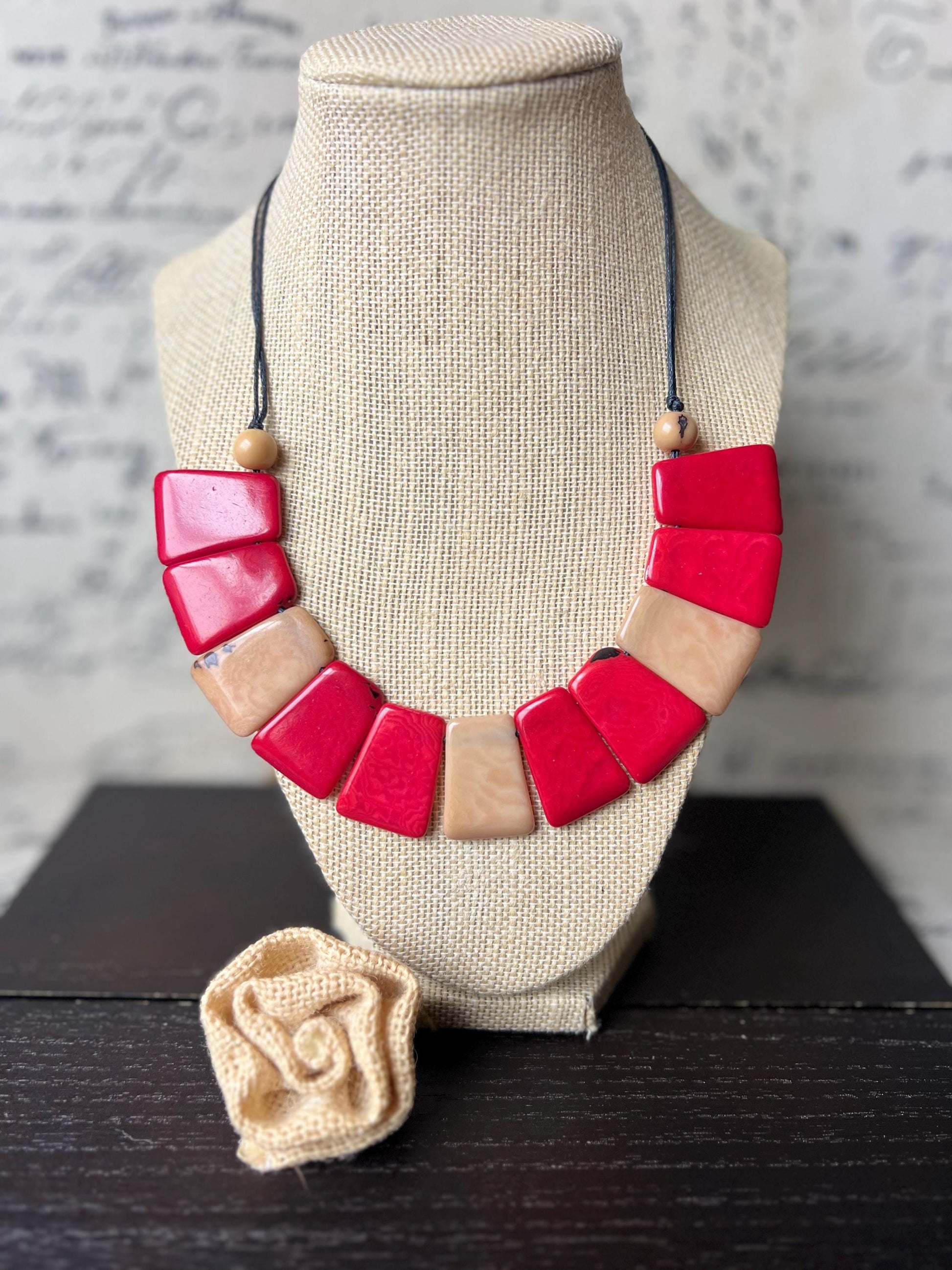 Beige and brown tagua necklace Adjustable cord Statement bib collar Artisan handmade Christmas gifts