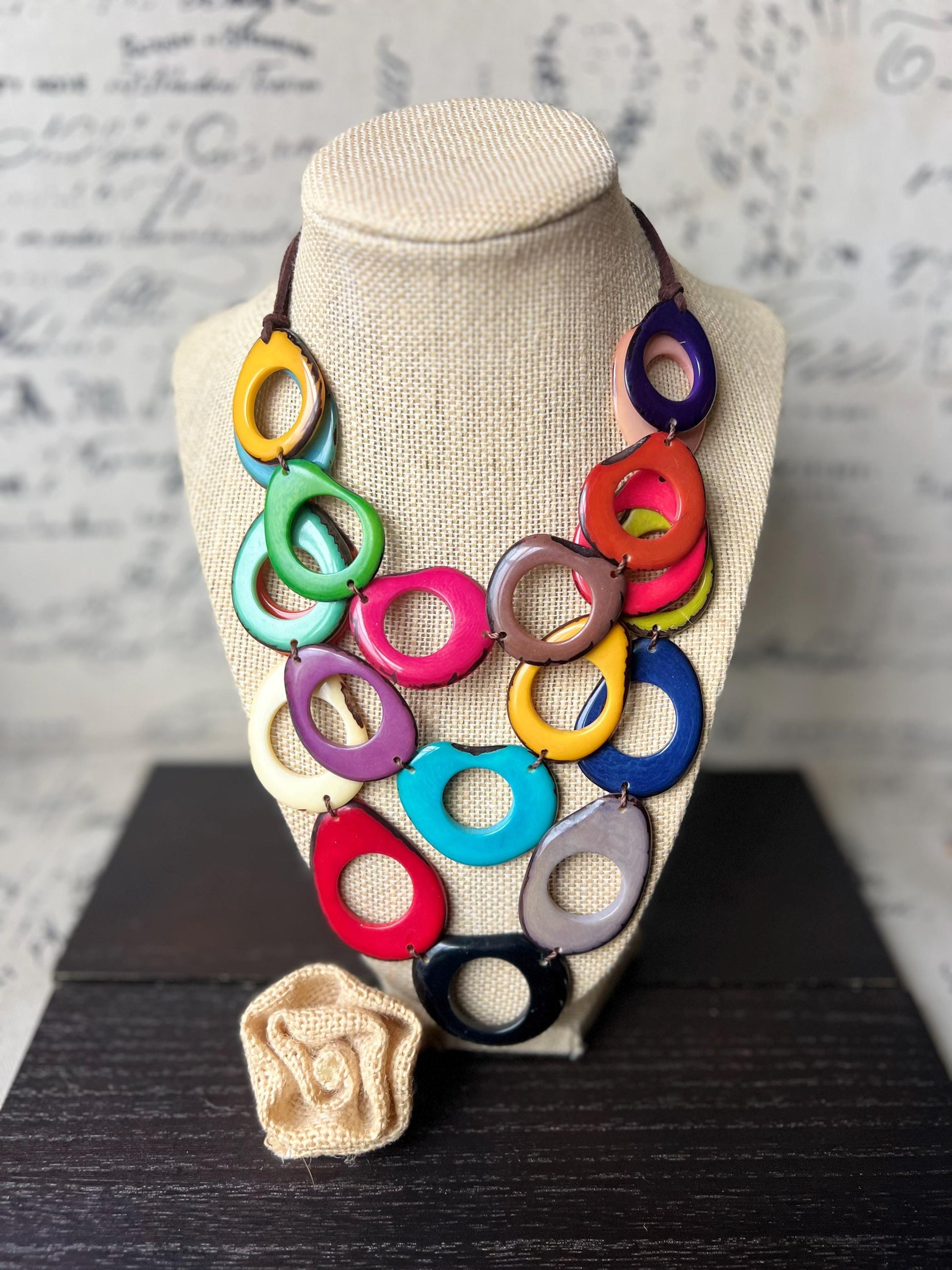 Multi color beaded Necklace Rainbow statement adjustable bib Adjustable cord Triple strand Holidays fashion trends Wearable art