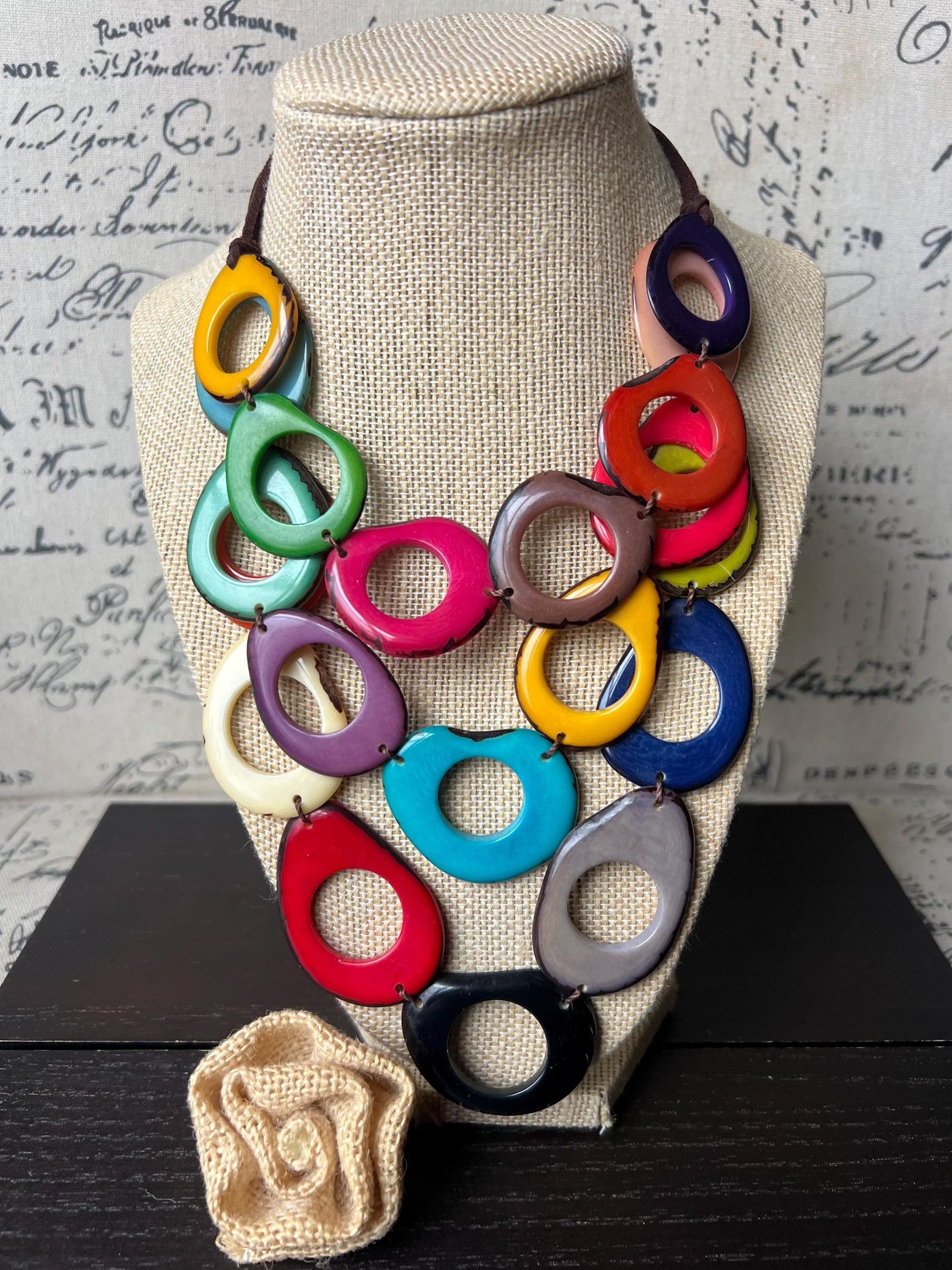 Multi color beaded Necklace Rainbow statement adjustable bib Adjustable cord Triple strand Holidays fashion trends Wearable art