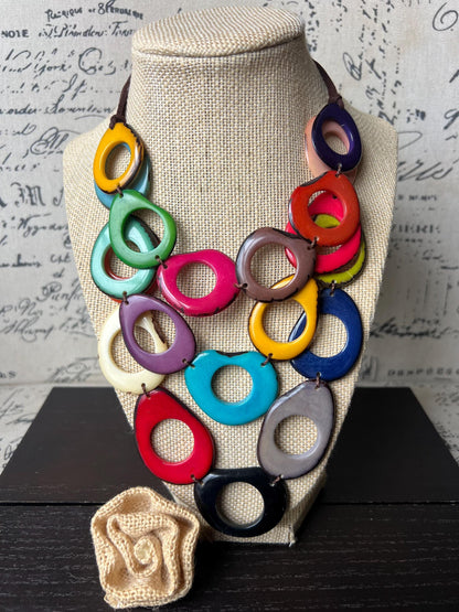 Multi color beaded Necklace Rainbow statement adjustable bib Adjustable cord Triple strand Holidays fashion trends Wearable art