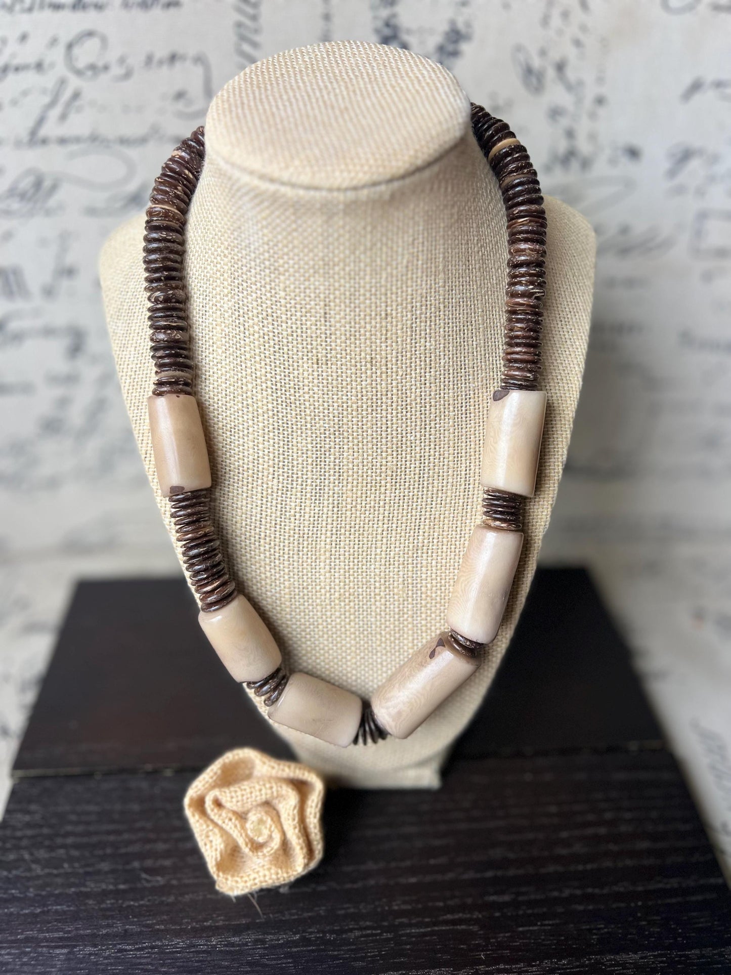 Beige Tagua Nut Necklace with Coconut Beads: Handmade Statement Jewelry for Women