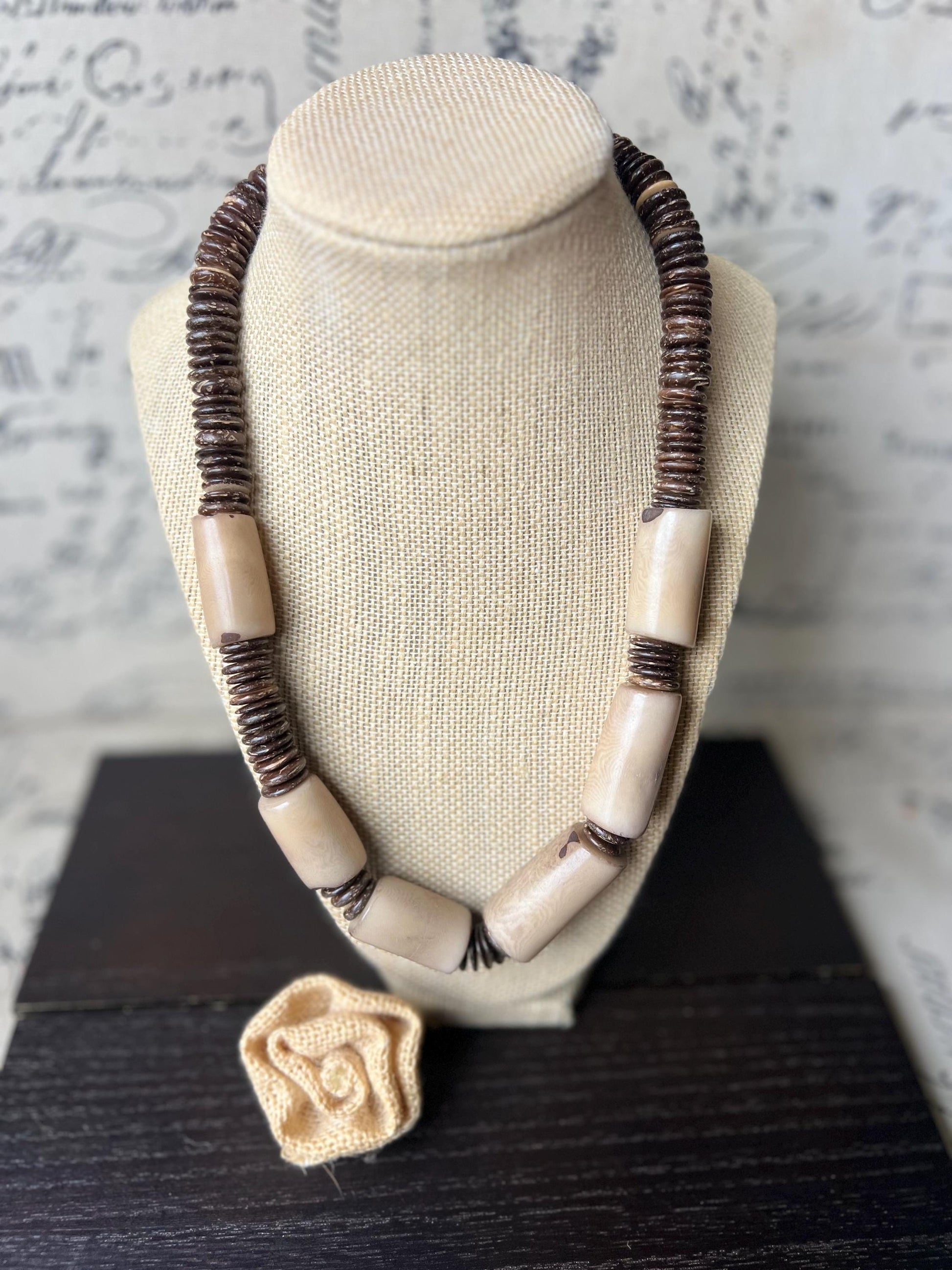Beige Tagua Nut Necklace with Coconut Beads: Handmade Statement Jewelry for Women