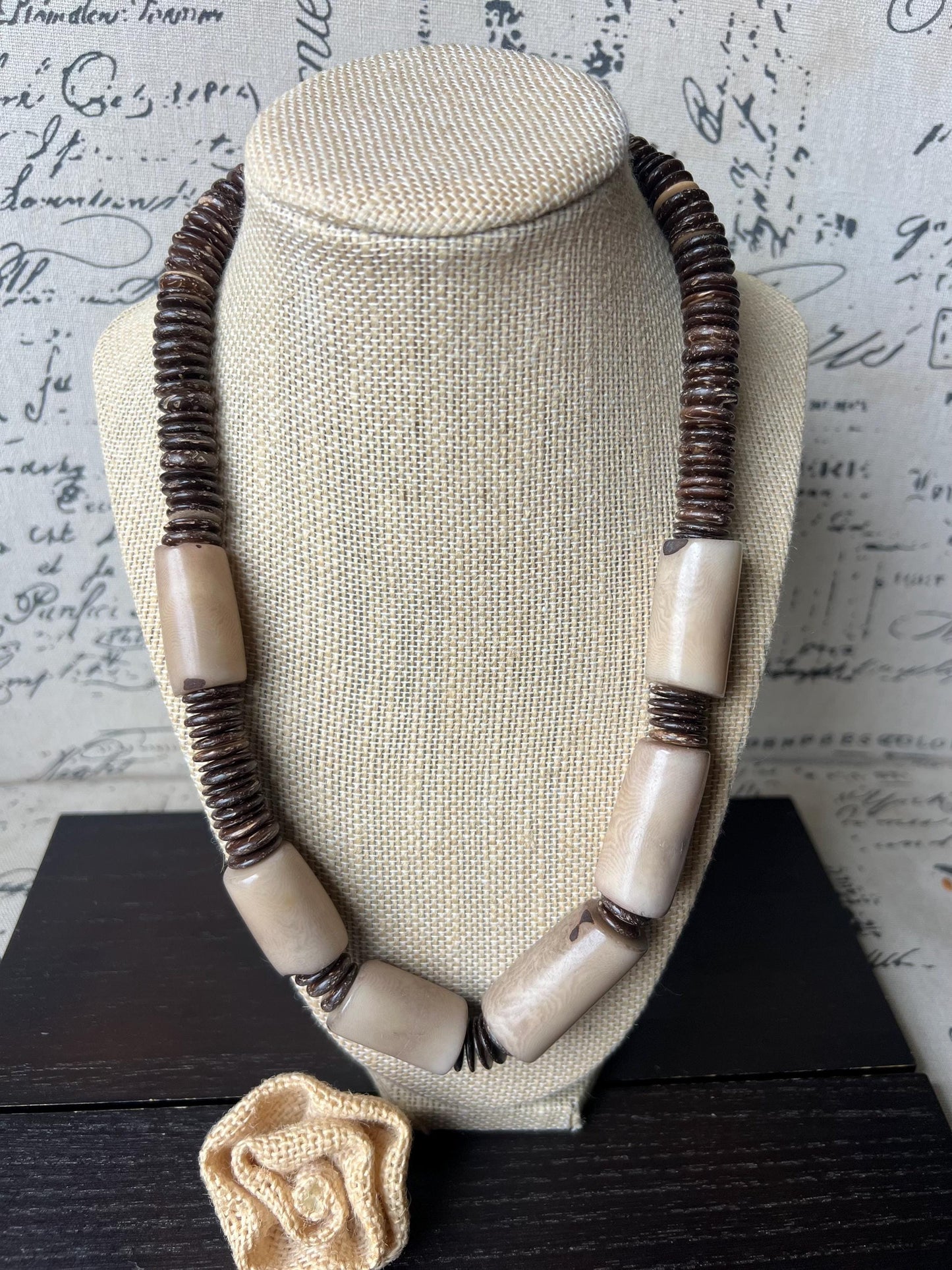 Beige Tagua Nut Necklace with Coconut Beads: Handmade Statement Jewelry for Women