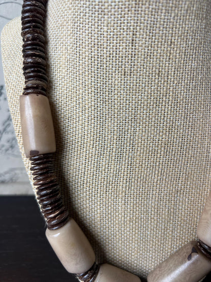 Beige Tagua Nut Necklace with Coconut Beads: Handmade Statement Jewelry for Women