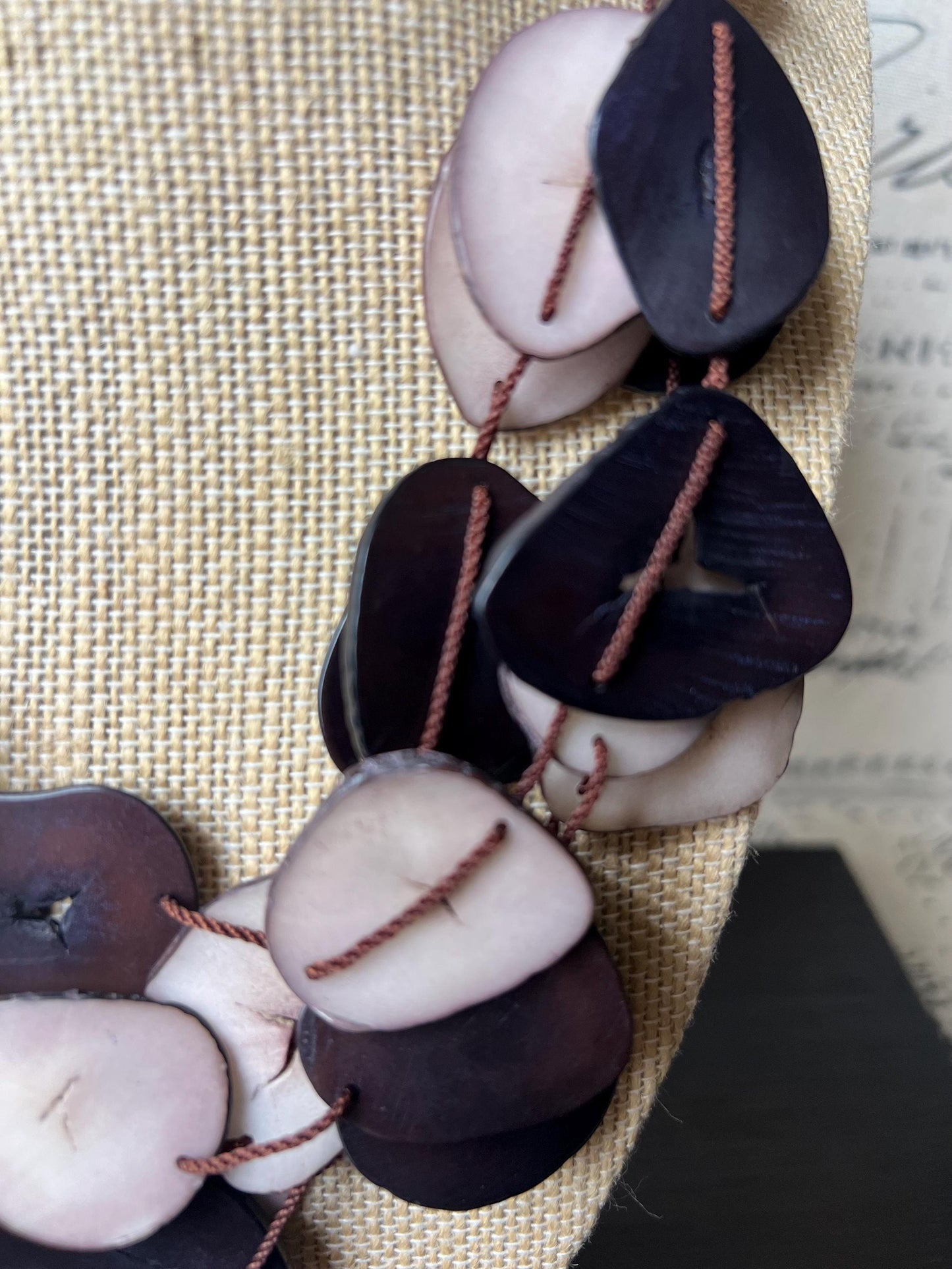 Brown and light mauve multi layer necklace Tagua jewelry Big bold necklaces Adjustable cord Triple strand statement necklace