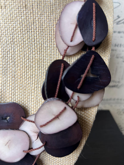 Brown and light mauve multi layer necklace Tagua jewelry Big bold necklaces Adjustable cord Triple strand statement necklace