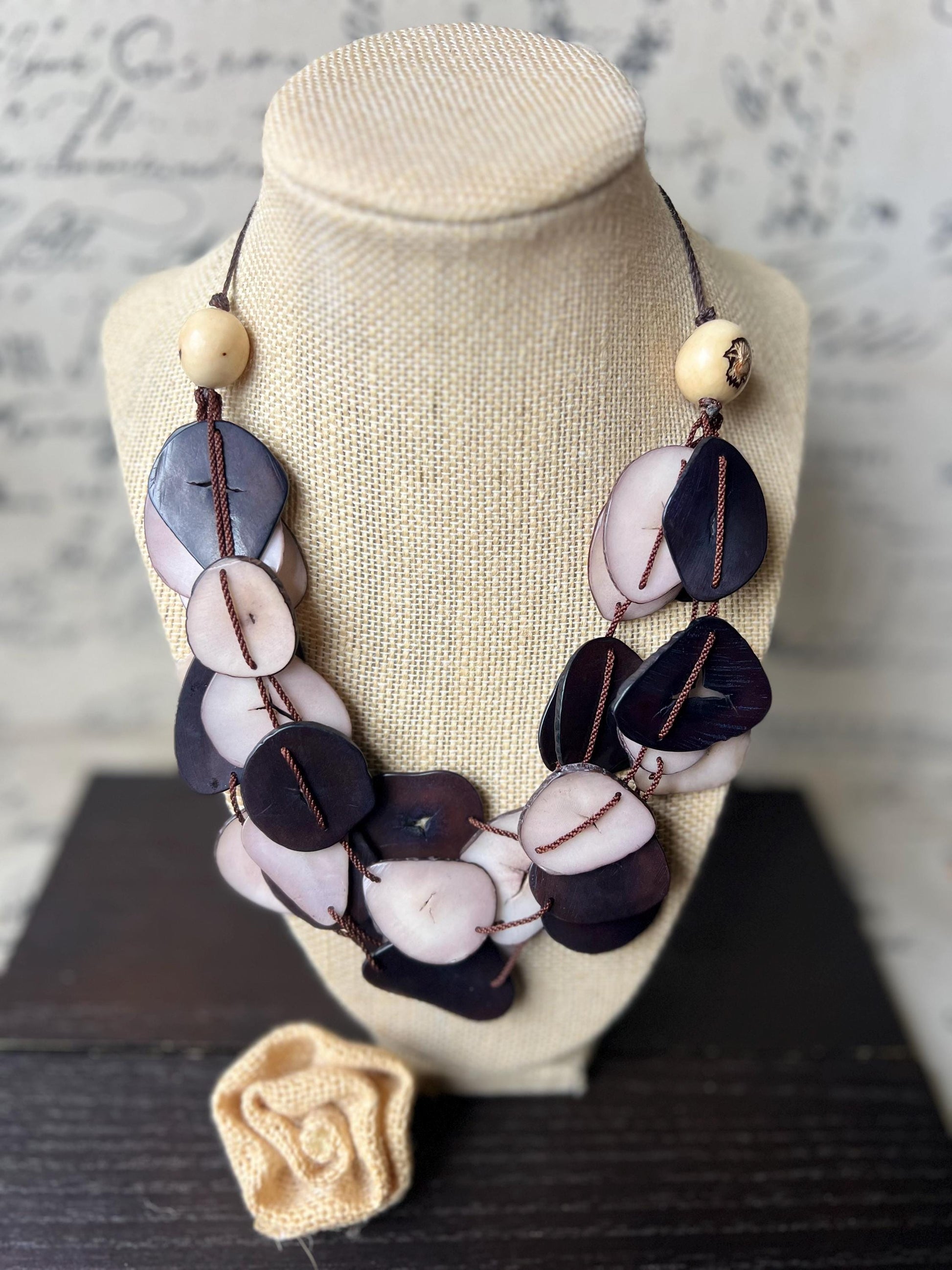 Brown and light mauve multi layer necklace Tagua jewelry Big bold necklaces Adjustable cord Triple strand statement necklace