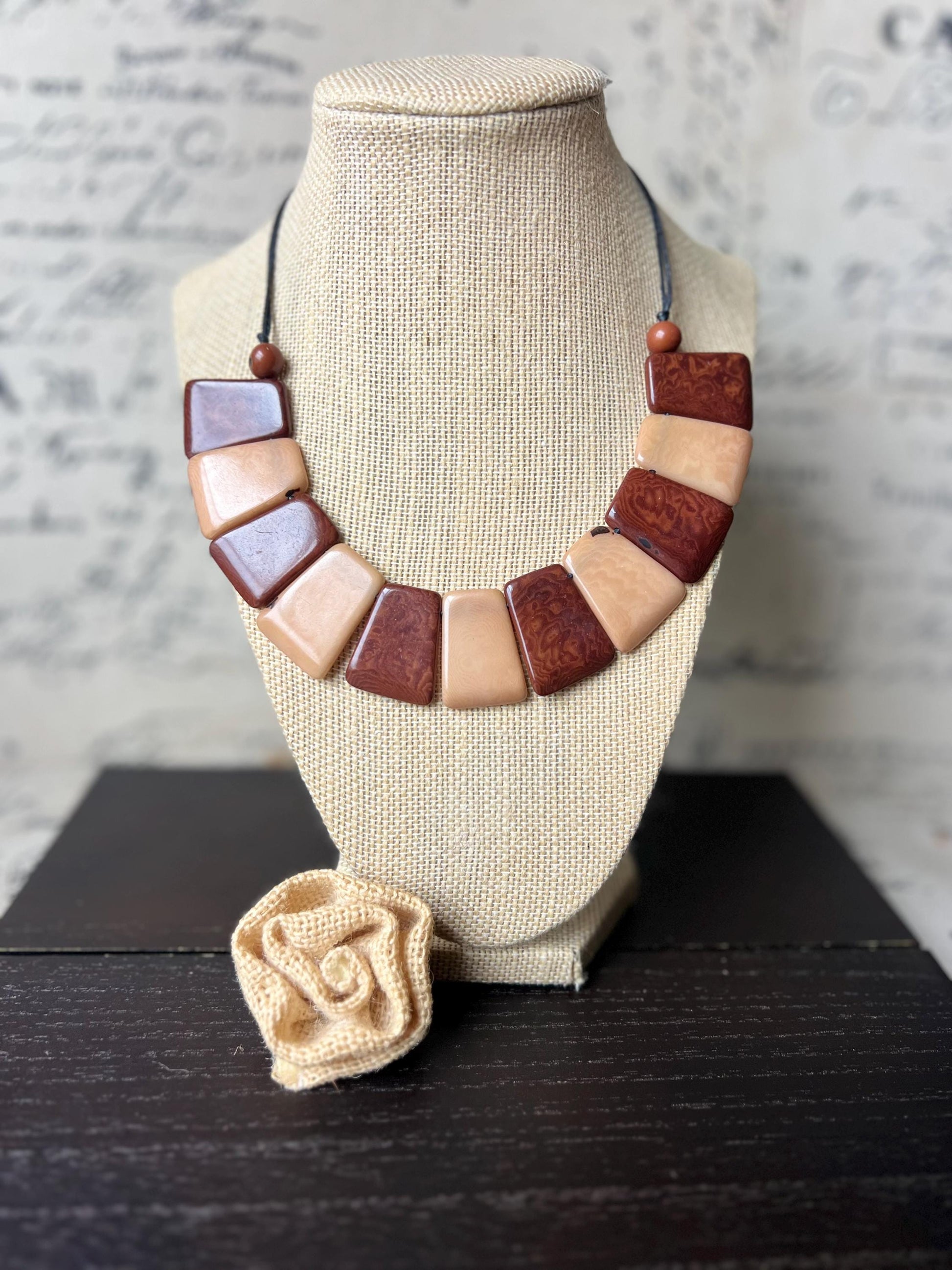 Beige and brown tagua necklace Adjustable cord Statement bib collar Artisan handmade Christmas gifts