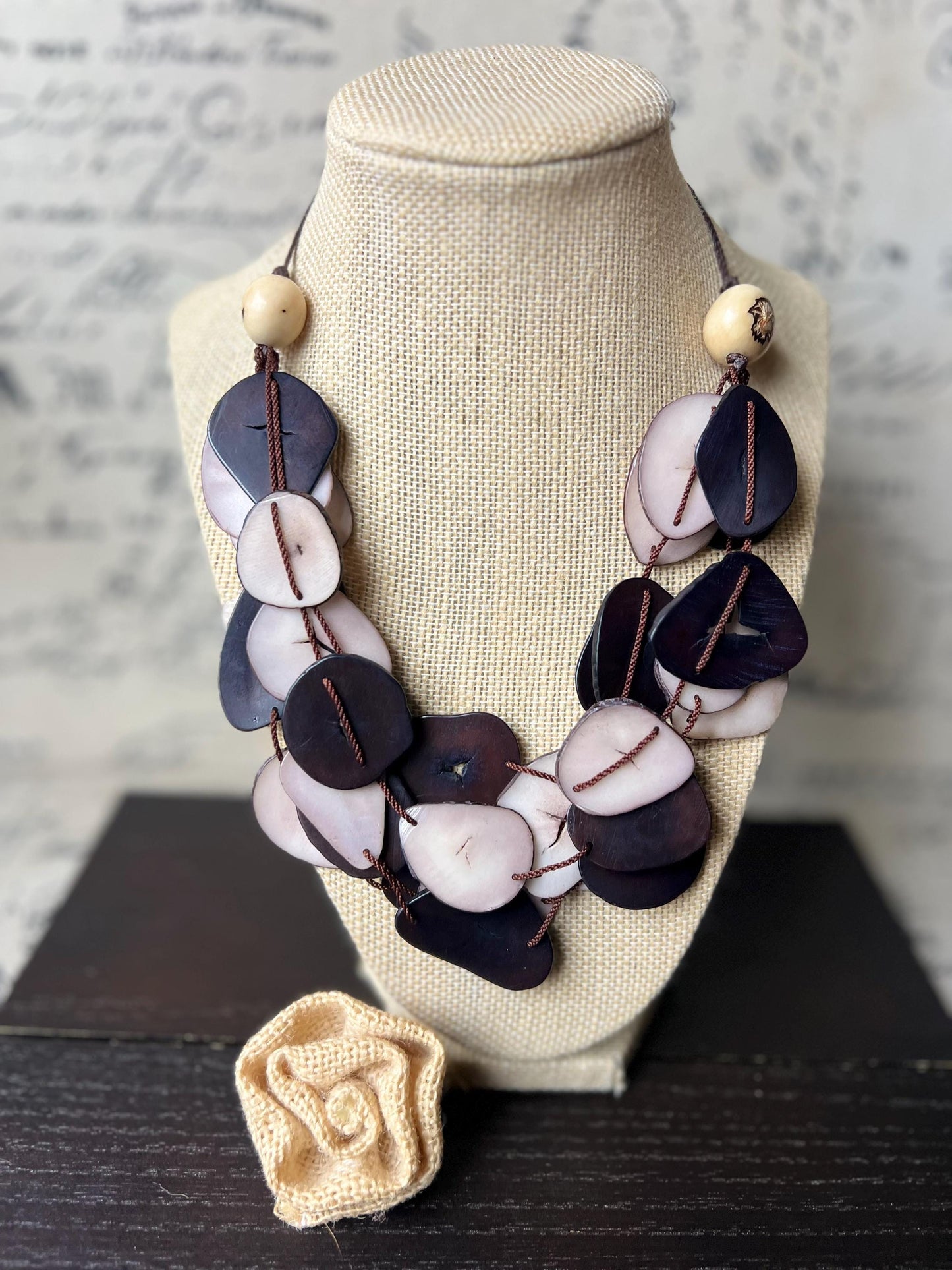 Brown and light mauve multi layer necklace Tagua jewelry Big bold necklaces Adjustable cord Triple strand statement necklace