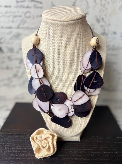Brown and light mauve multi layer necklace Tagua jewelry Big bold necklaces Adjustable cord Triple strand statement necklace