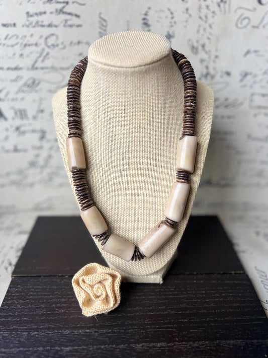 Beige Tagua Nut Necklace with Coconut Beads: Handmade Statement Jewelry for Women