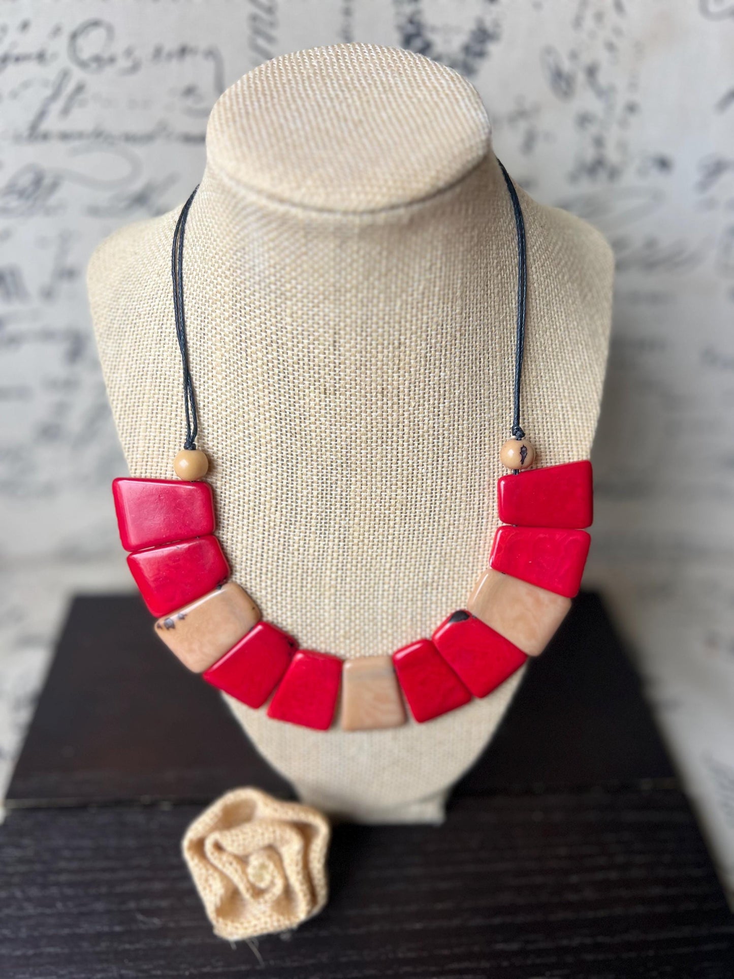 Beige and brown tagua necklace Adjustable cord Statement bib collar Artisan handmade Christmas gifts
