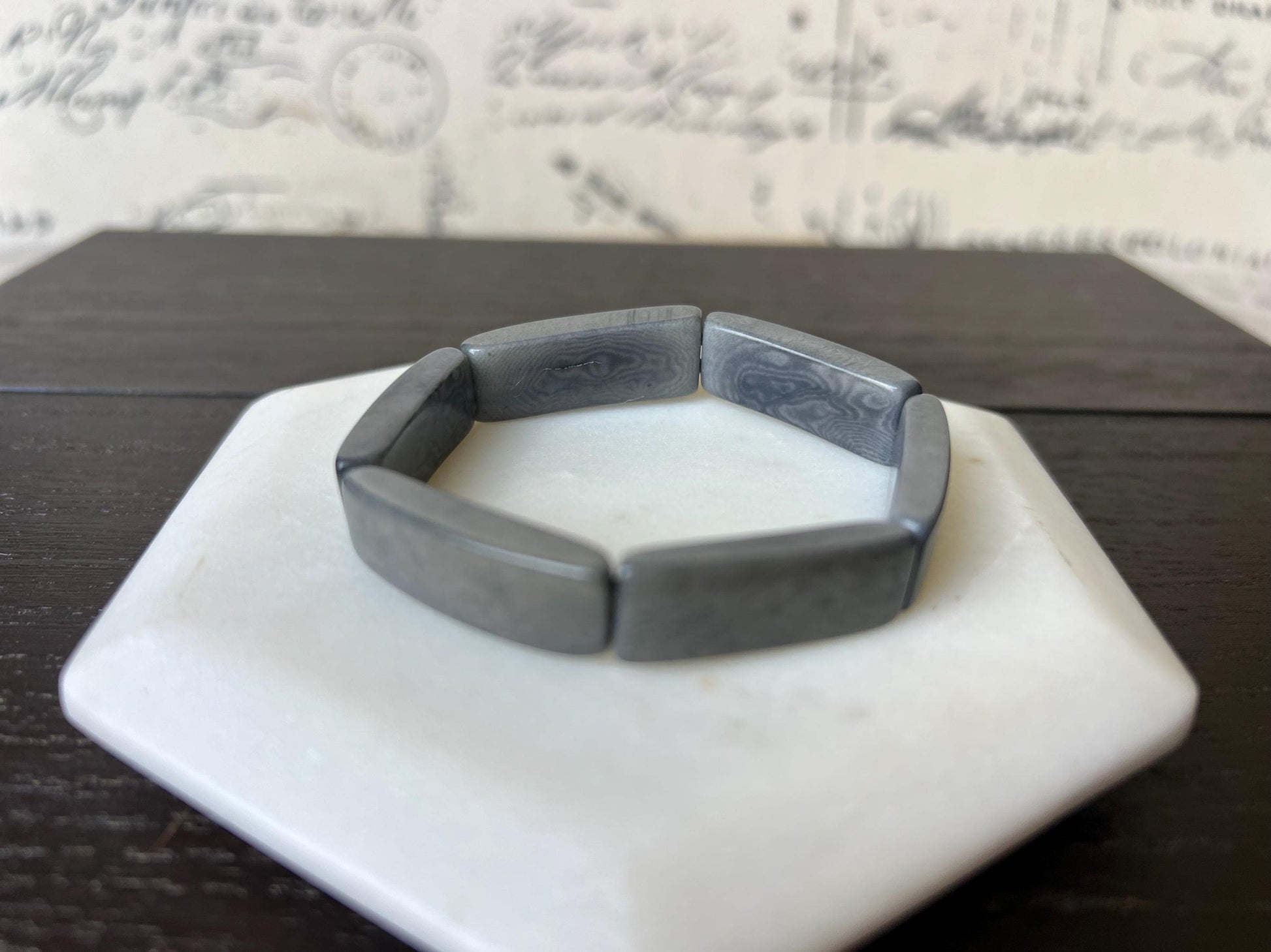 Gray handmade bracelet Elastic stretch bangle Tagua nut jewelry Adjustable bracelet for small wrist 5”