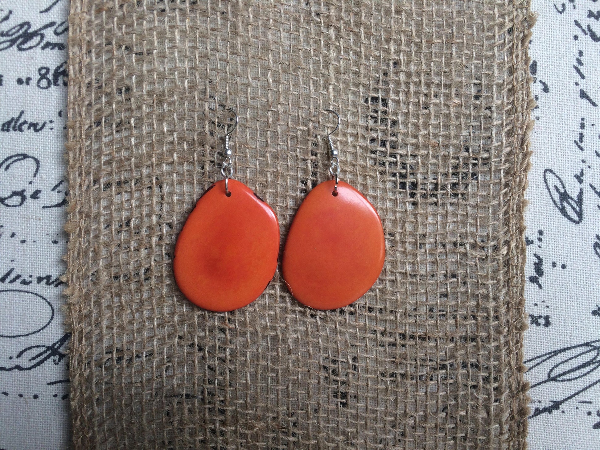 Big orange earrings Tagua earrings Simple drop earring Anniversary gifts for wife Geometric drops Fall fashion trends Stocking stuffers